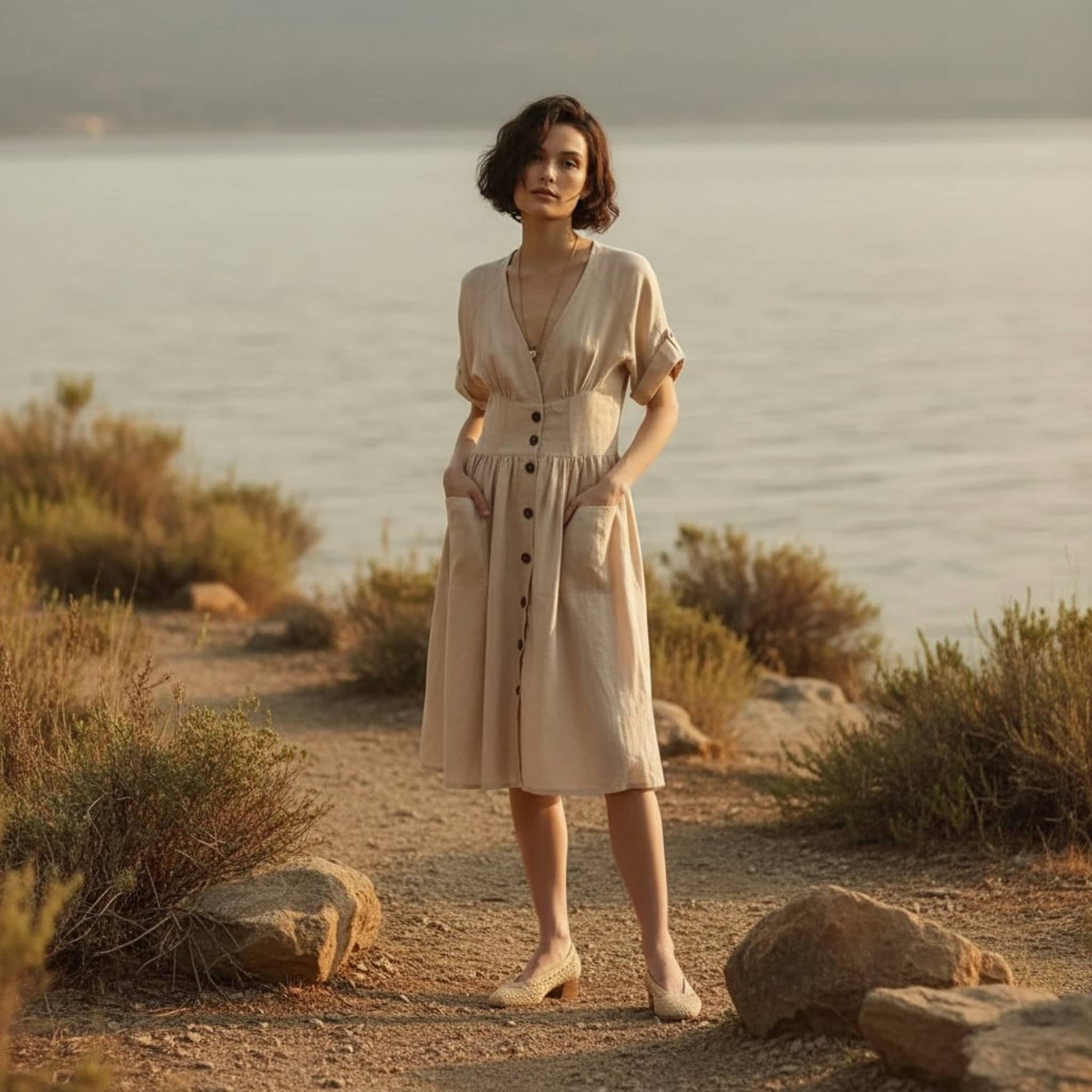 V-Neck Linen Midi Dress, Cuffed Short Sleeve