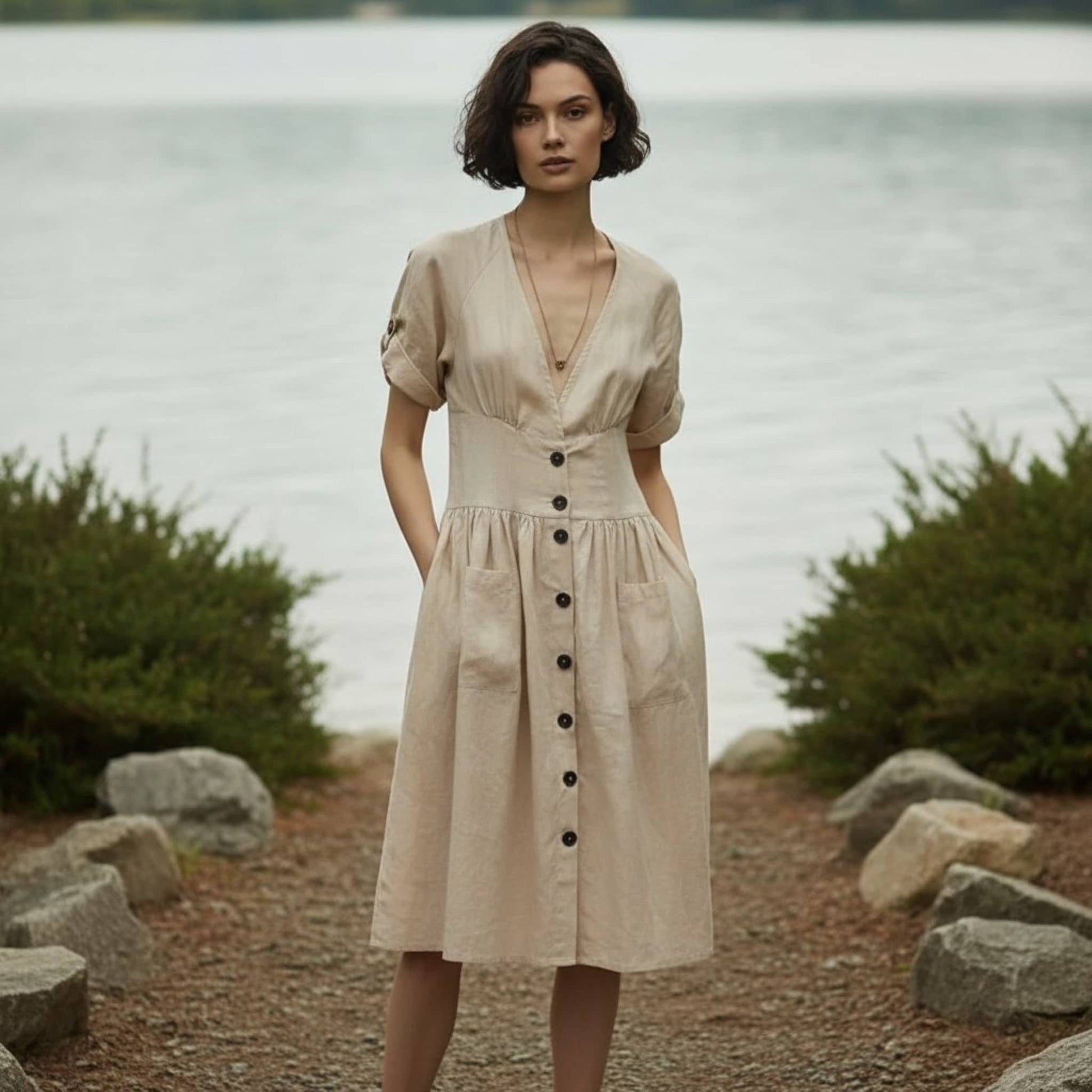 V-Neck Linen Midi Dress, Cuffed Short Sleeve