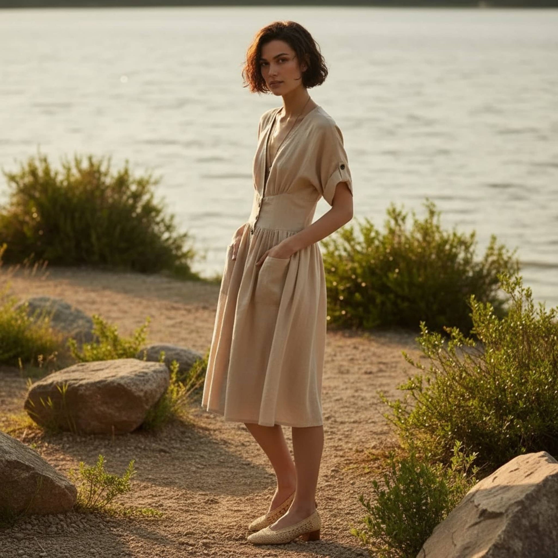 V-Neck Linen Midi Dress, Cuffed Short Sleeve
