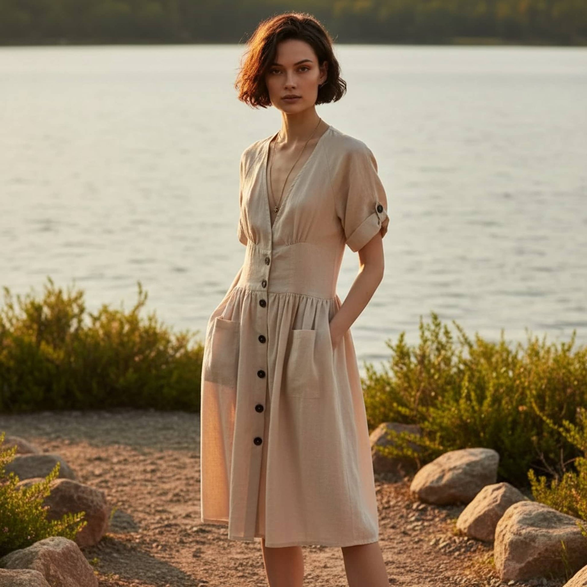 V-Neck Linen Midi Dress, Cuffed Short Sleeve
