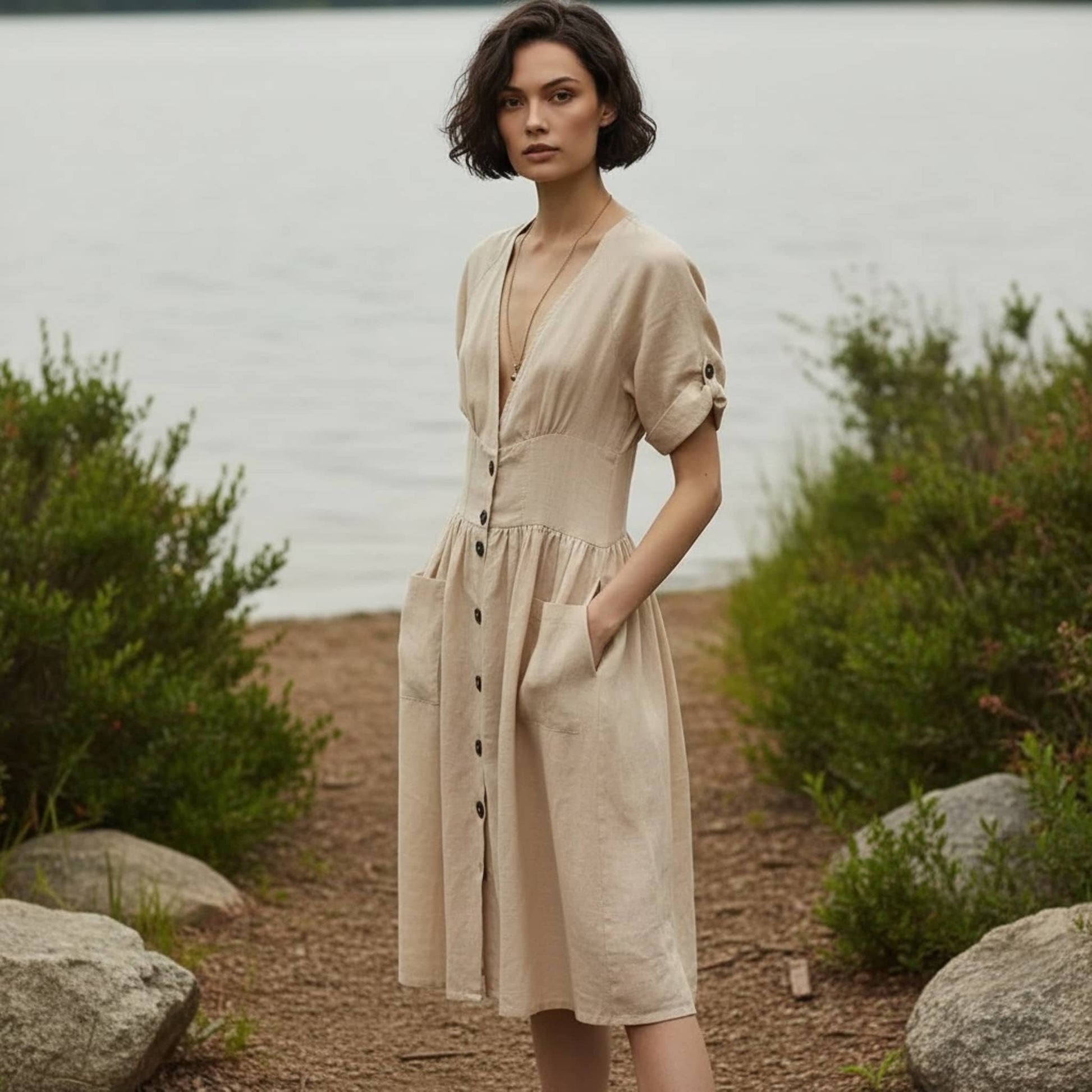 V-Neck Linen Midi Dress, Cuffed Short Sleeve