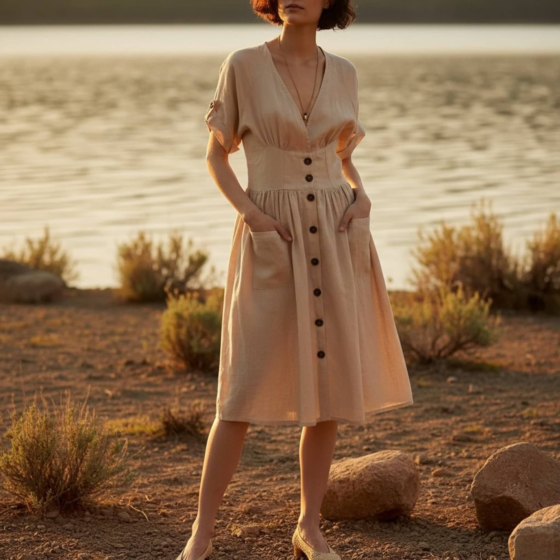 V-Neck Linen Midi Dress, Cuffed Short Sleeve