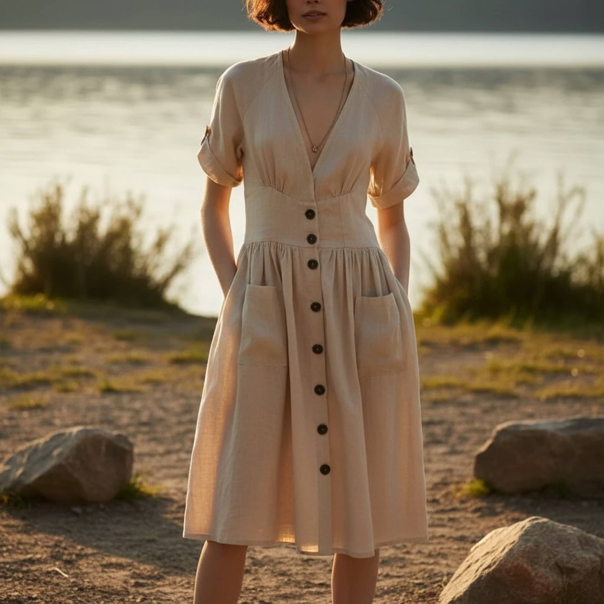 V-Neck Linen Midi Dress, Cuffed Short Sleeve