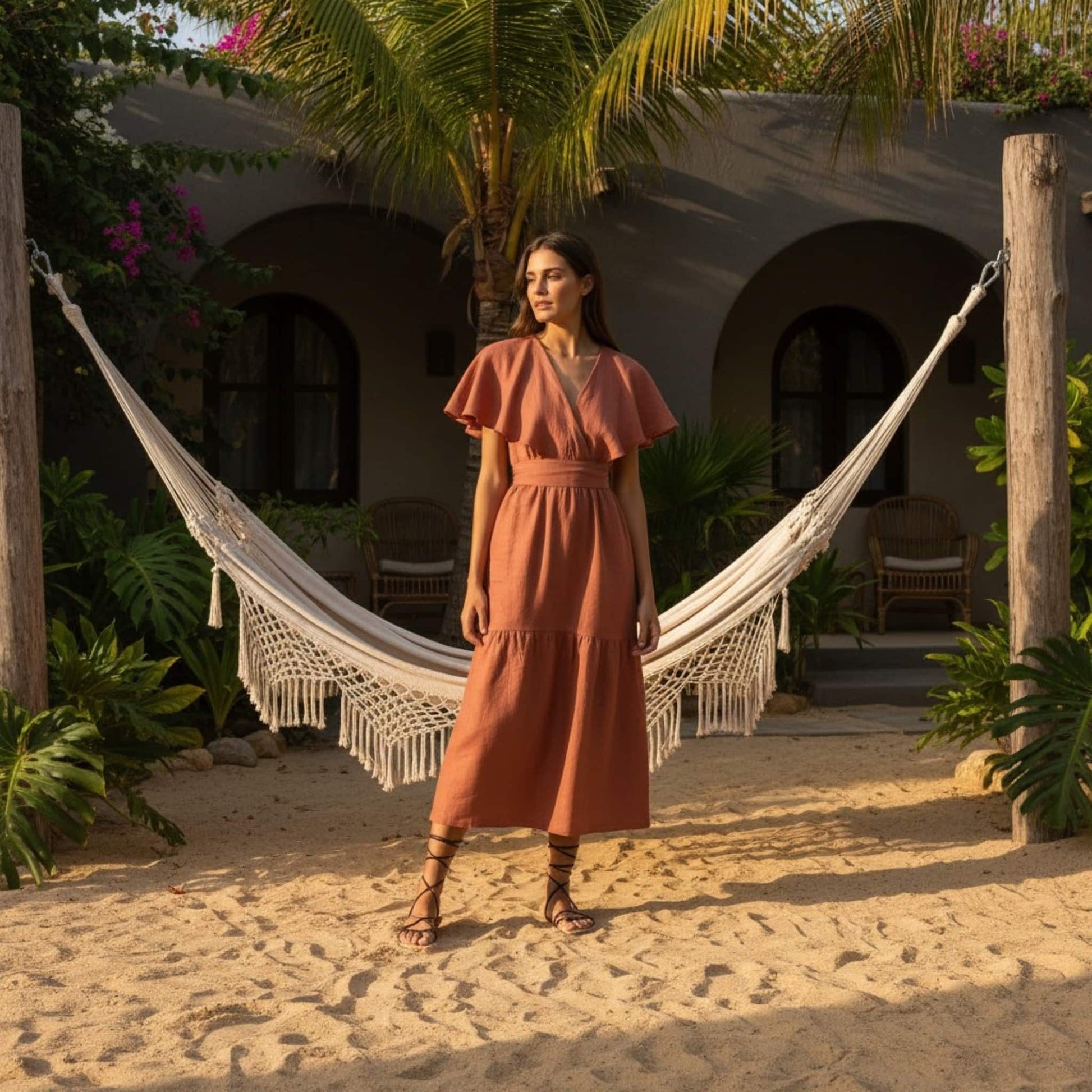 V Neck Linen Midi Dress, Flutter Sleeve Midi Dress