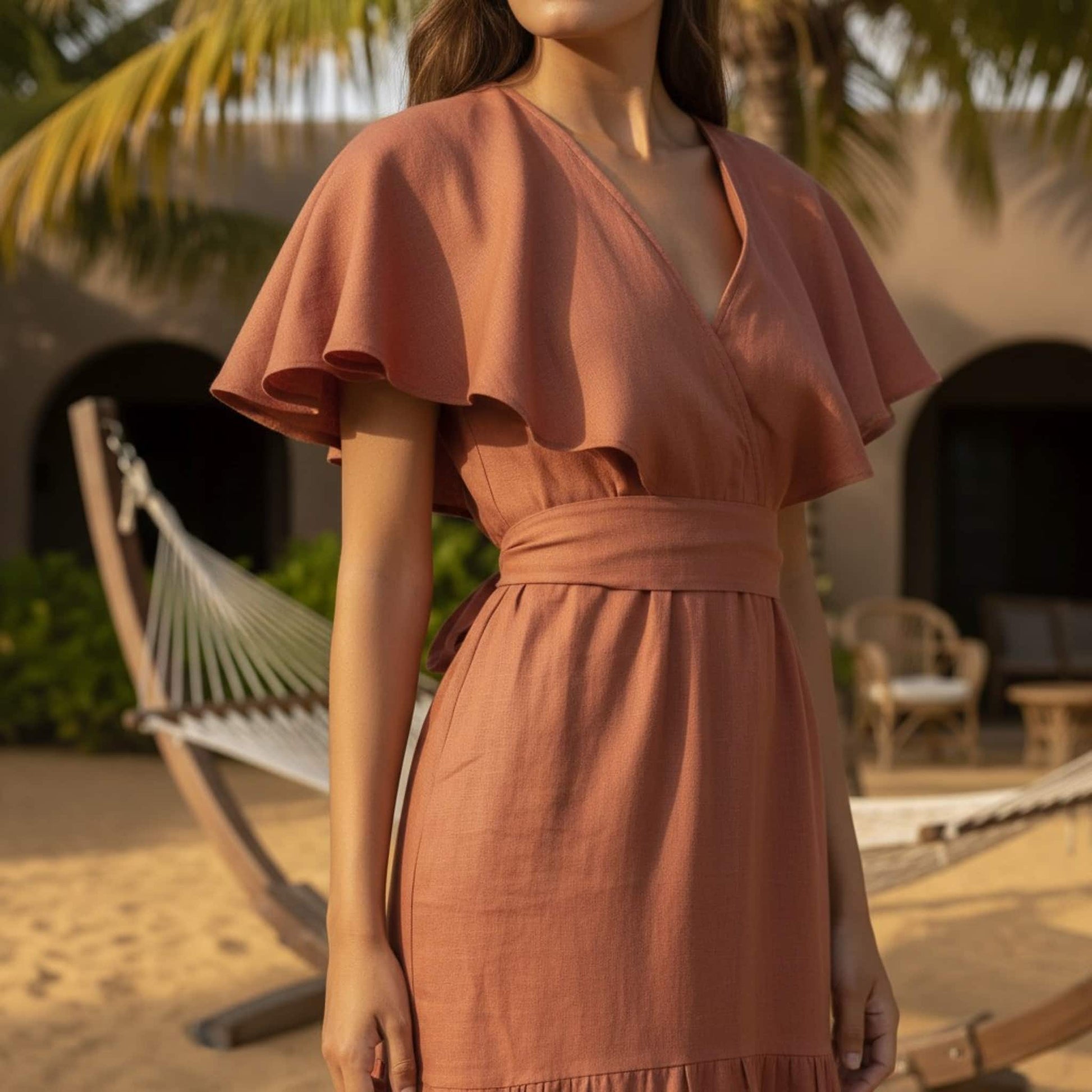 V Neck Linen Midi Dress, Flutter Sleeve Midi Dress