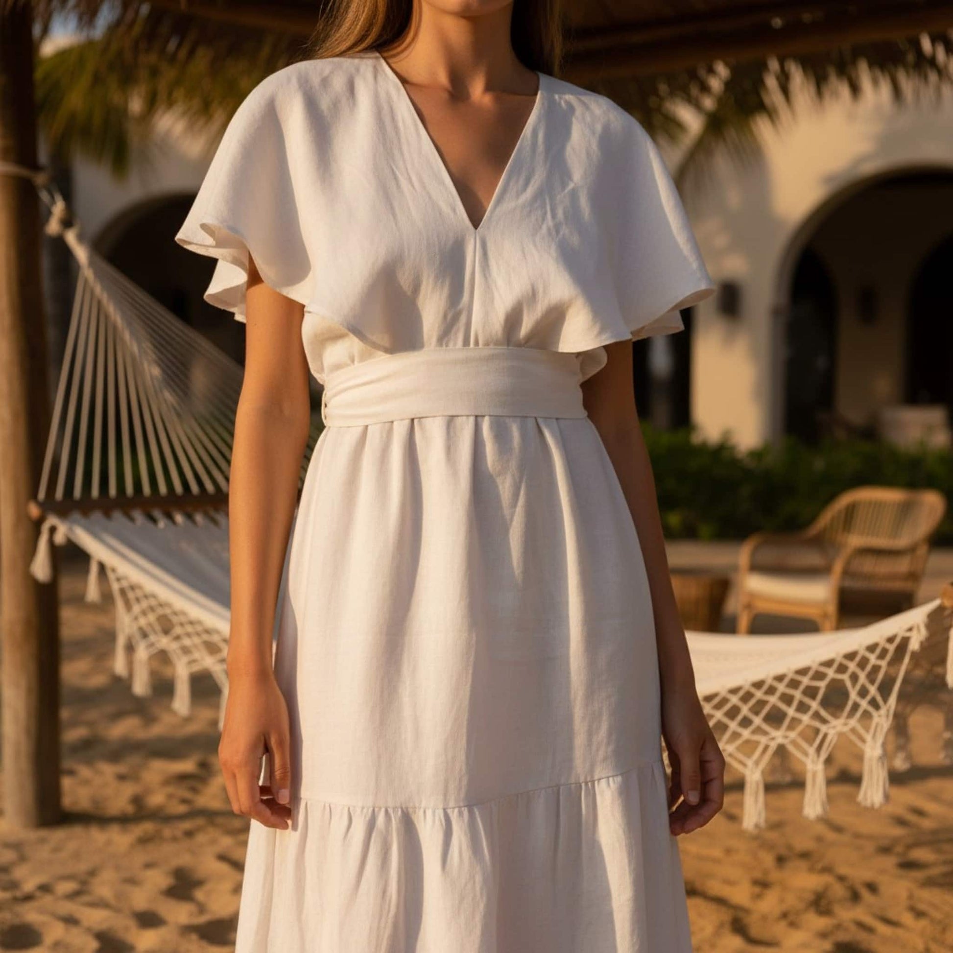 V Neck Linen Midi Dress, Flutter Sleeve Midi Dress