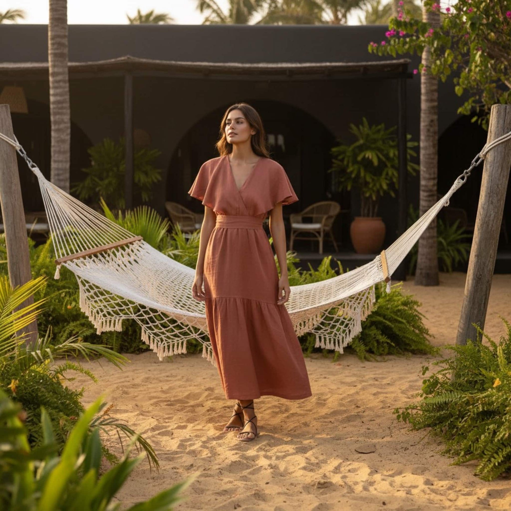 V Neck Linen Midi Dress, Flutter Sleeve Midi Dress