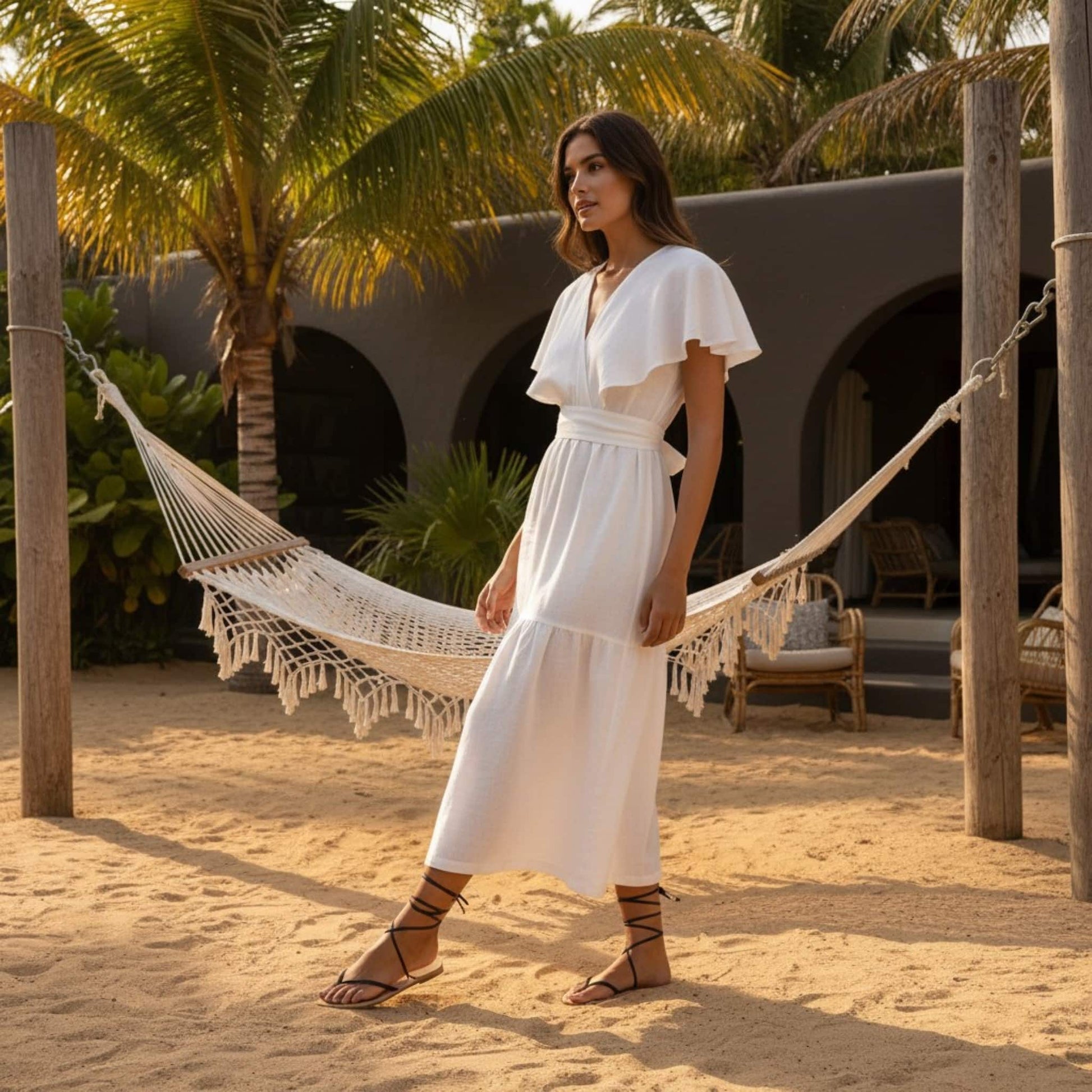 V Neck Linen Midi Dress, Flutter Sleeve Midi Dress