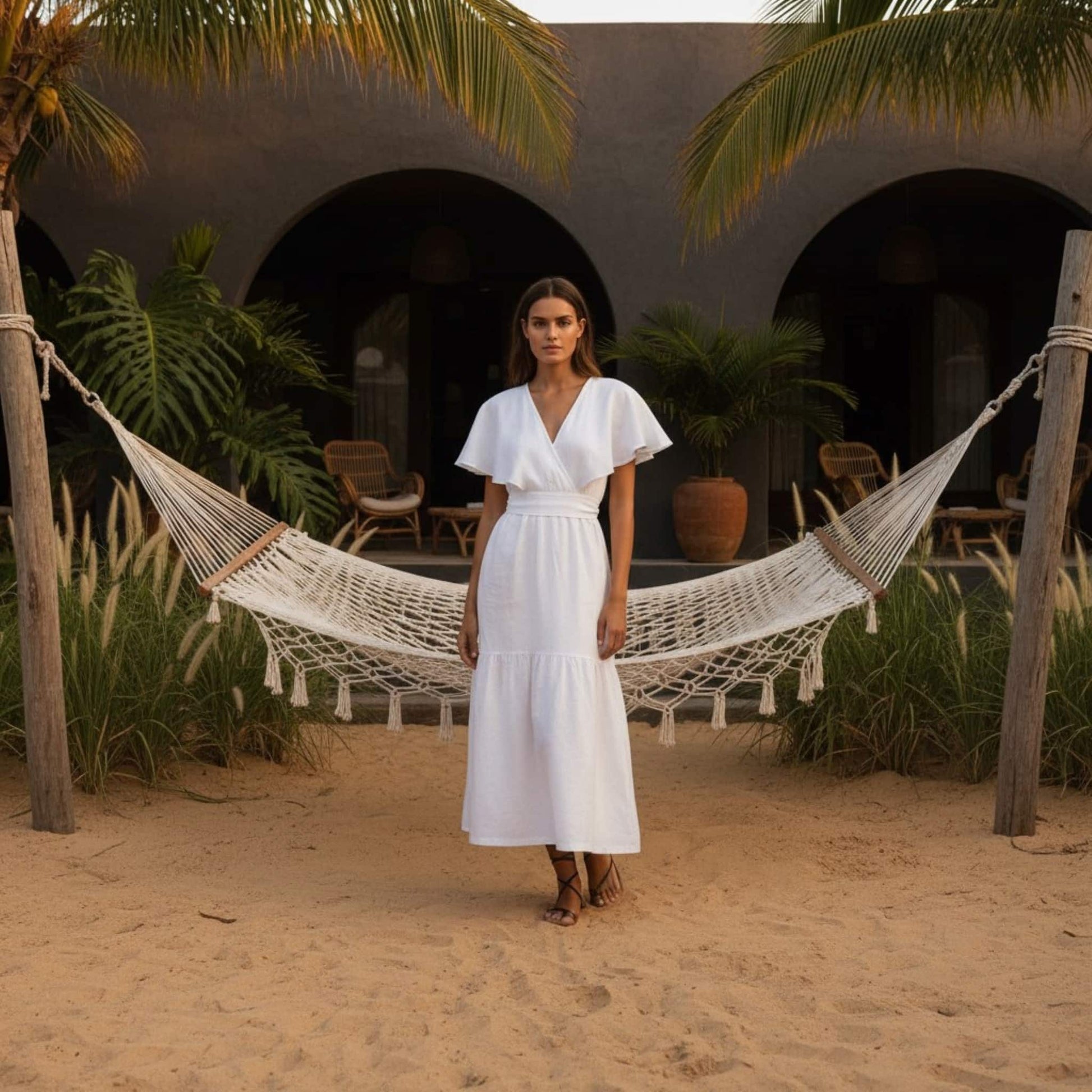 V Neck Linen Midi Dress, Flutter Sleeve Midi Dress