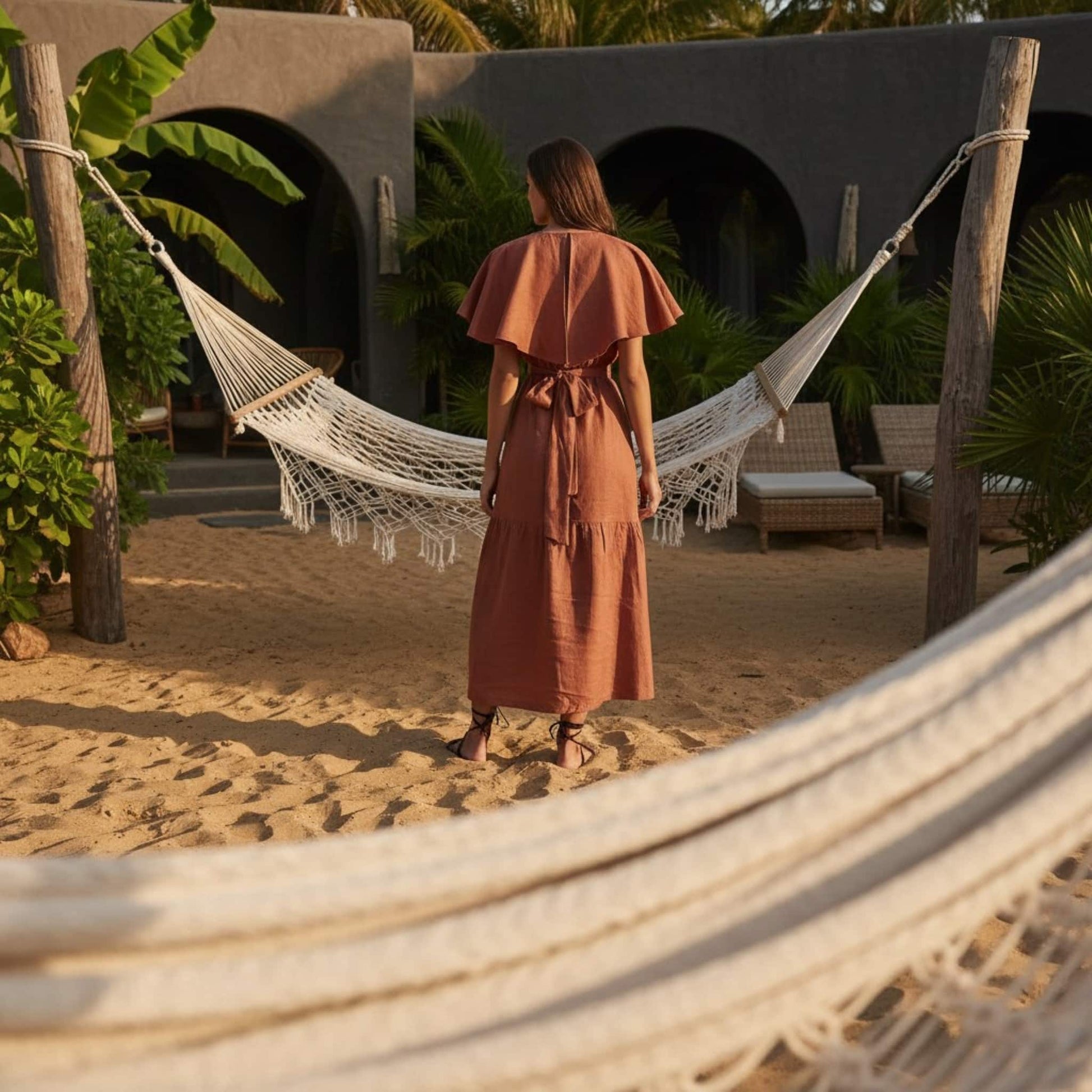 V Neck Linen Midi Dress, Flutter Sleeve Midi Dress