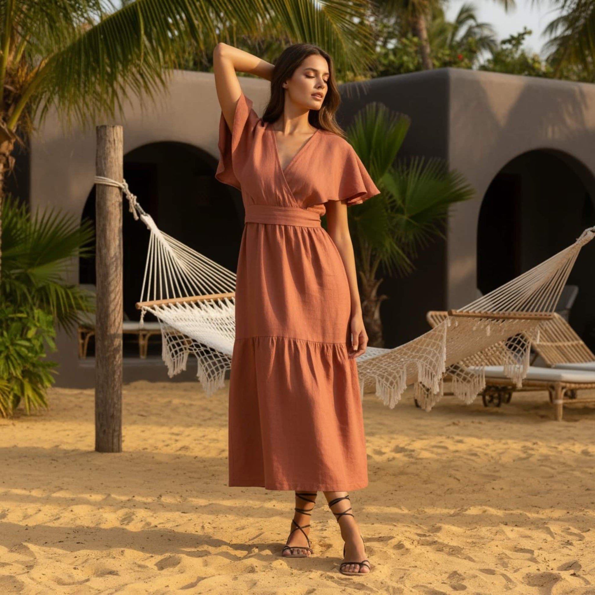 V Neck Linen Midi Dress, Flutter Sleeve Midi Dress