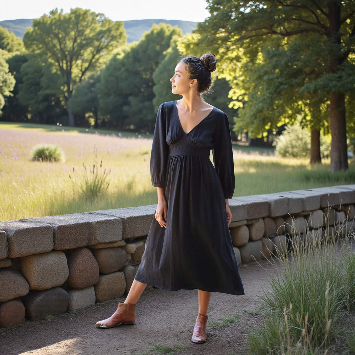V Neck Linen Midi Dress, Long Sleeve Midi Dress