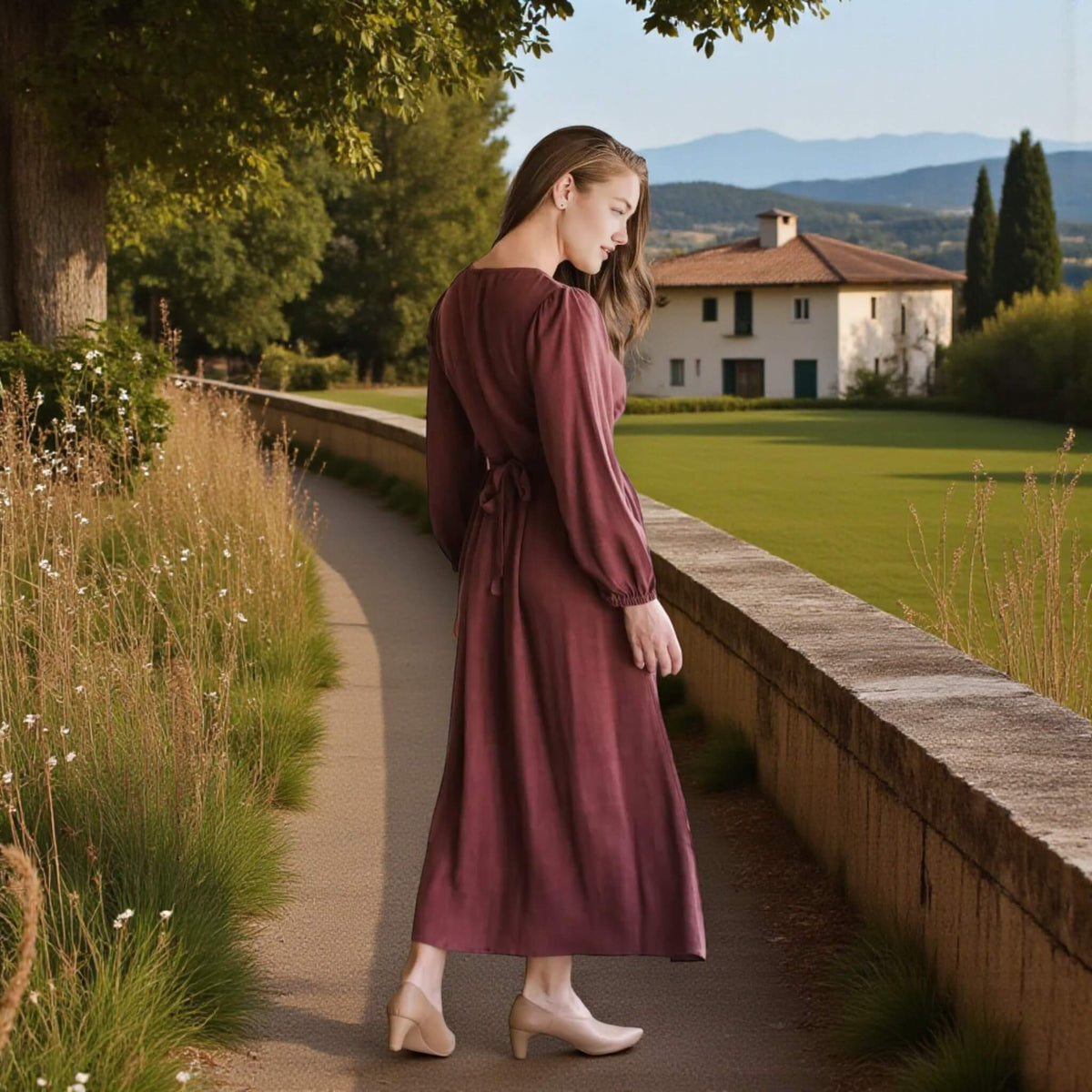 V Neck Linen Midi Dress, Long Sleeve Midi Dress