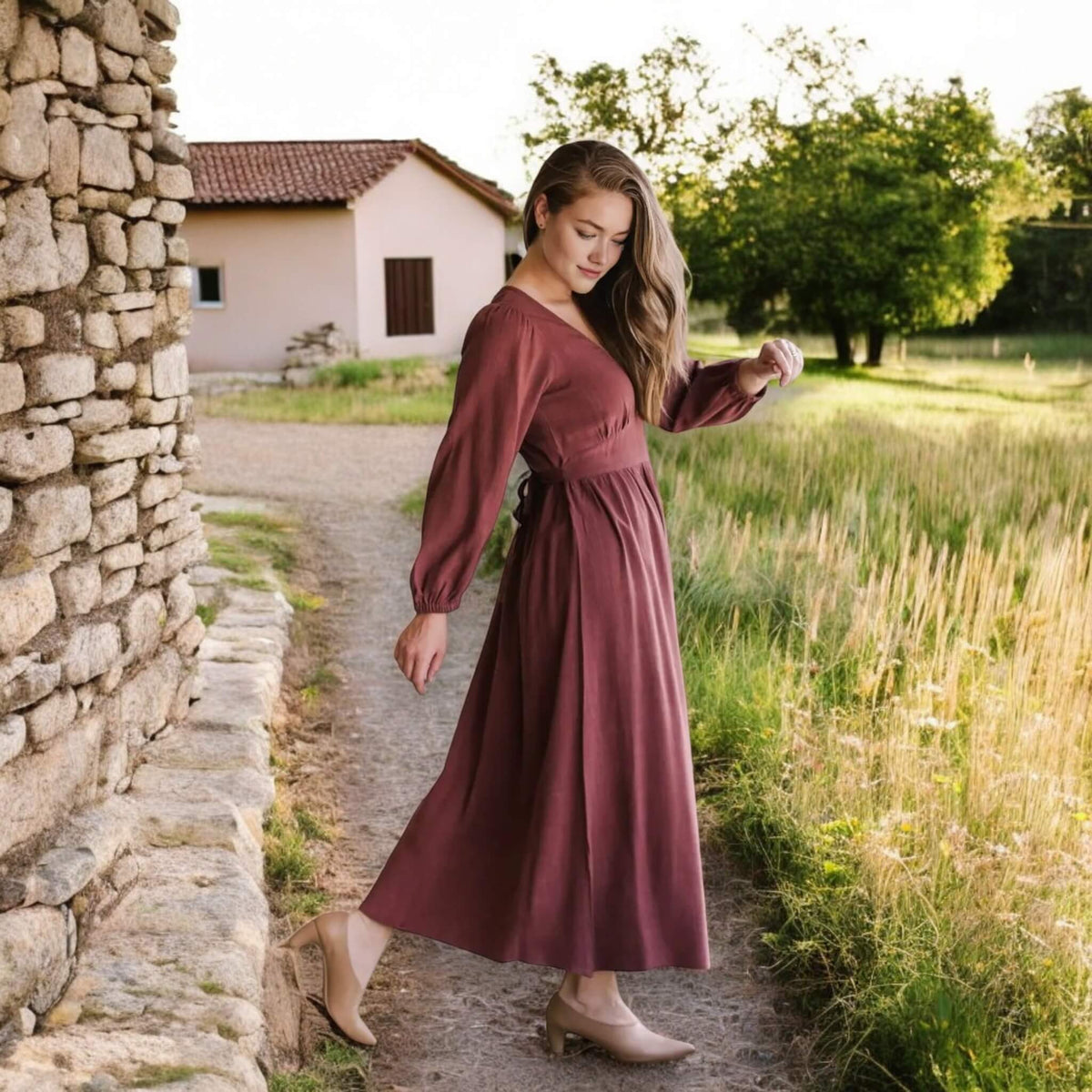 V Neck Linen Midi Dress, Long Sleeve Midi Dress