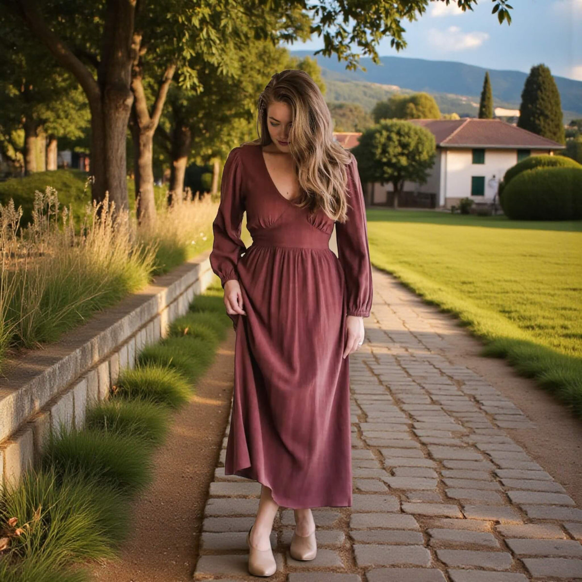 V Neck Linen Midi Dress, Long Sleeve Midi Dress