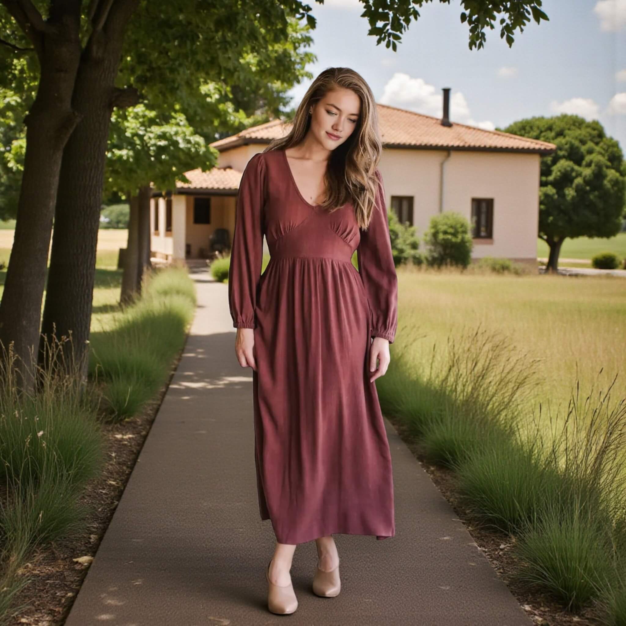 V Neck Linen Midi Dress, Long Sleeve Midi Dress