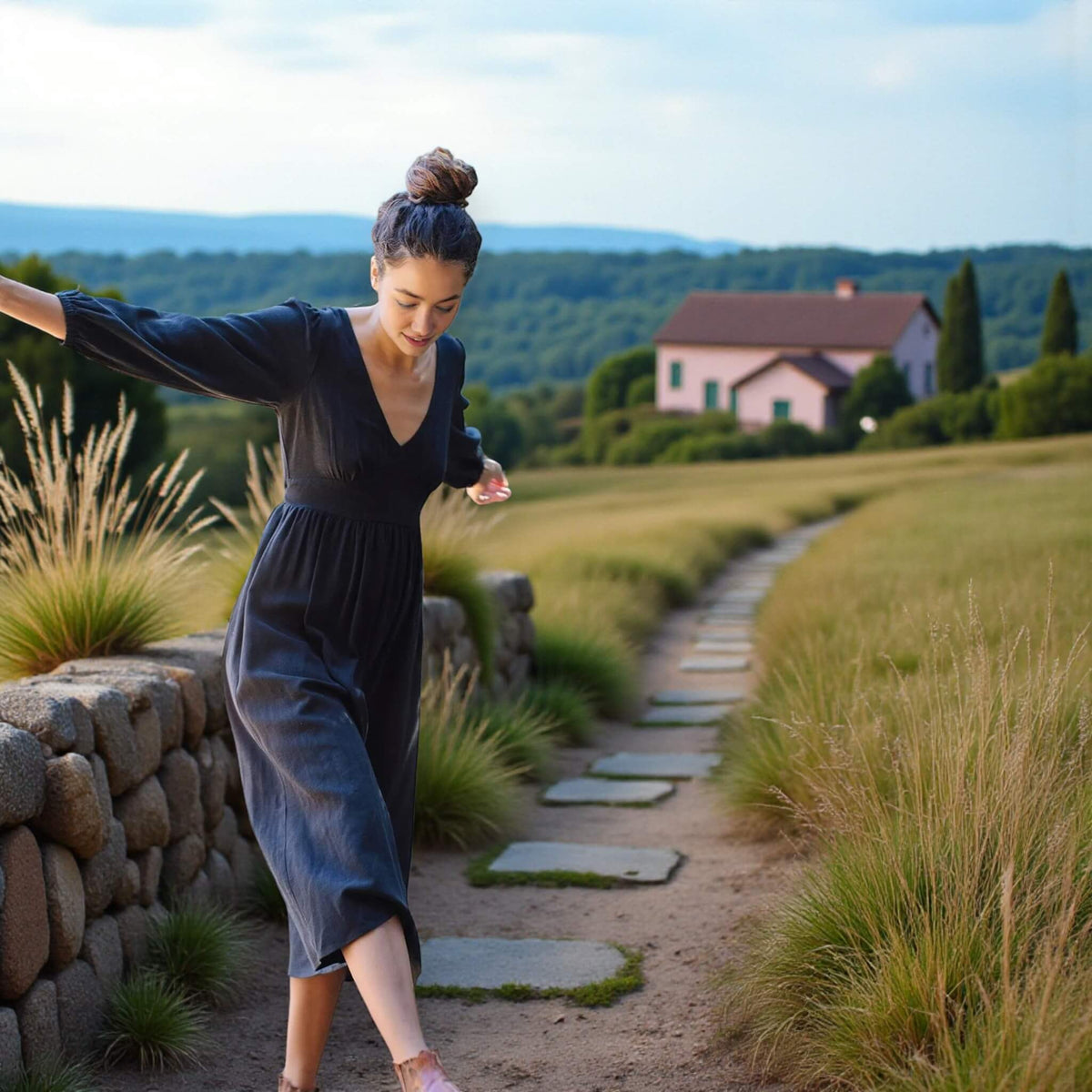V Neck Linen Midi Dress, Long Sleeve Midi Dress
