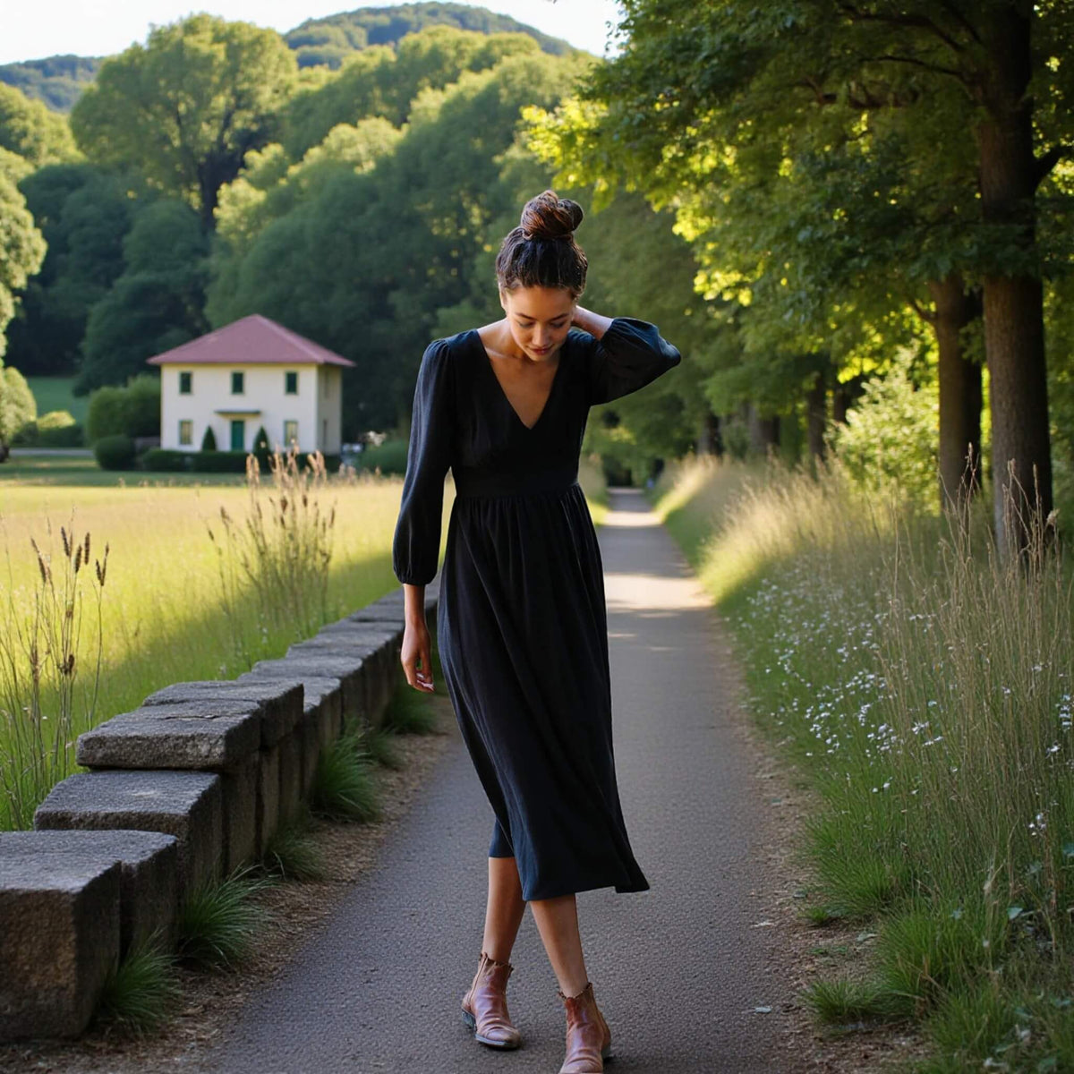 V Neck Linen Midi Dress, Long Sleeve Midi Dress
