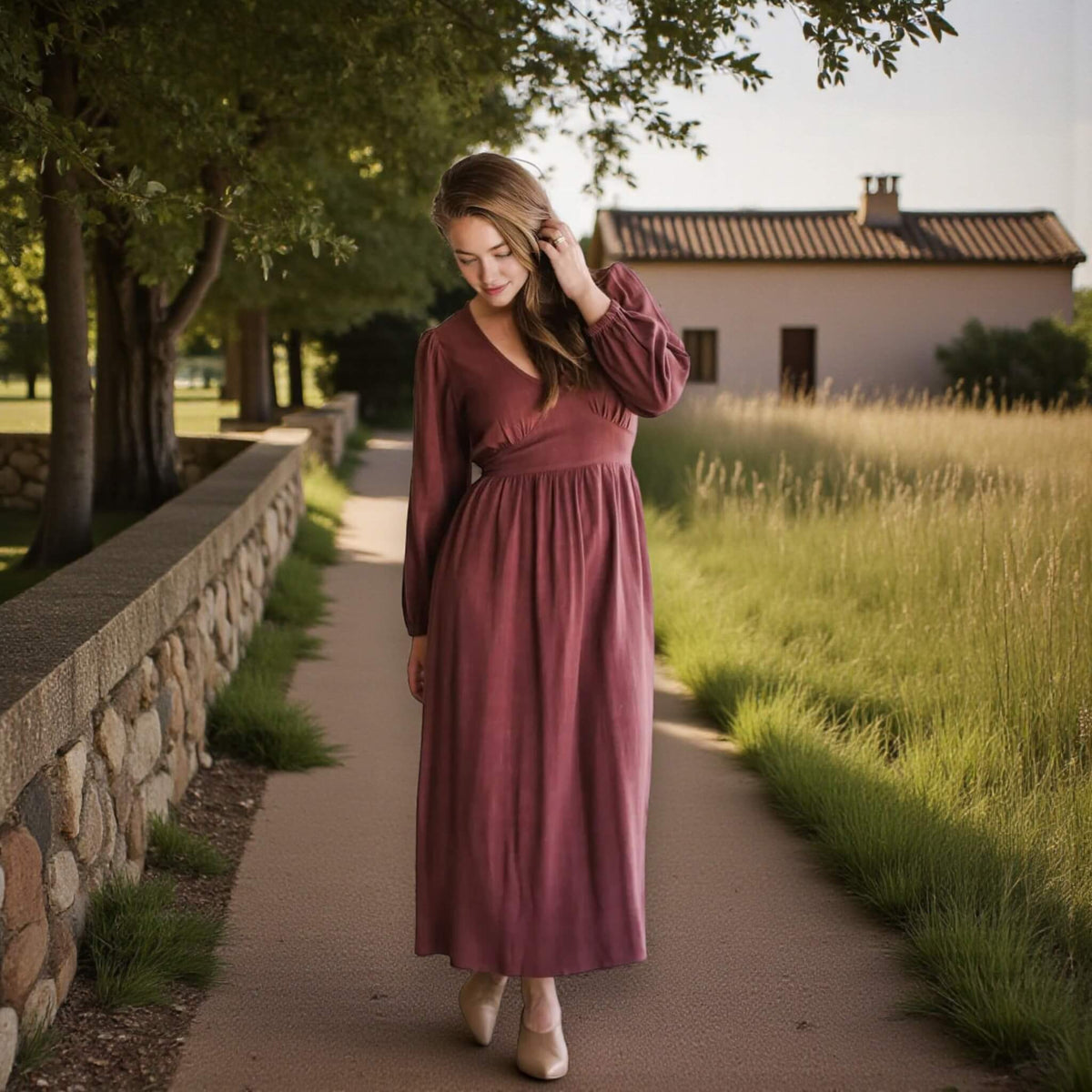 V Neck Linen Midi Dress, Long Sleeve Midi Dress