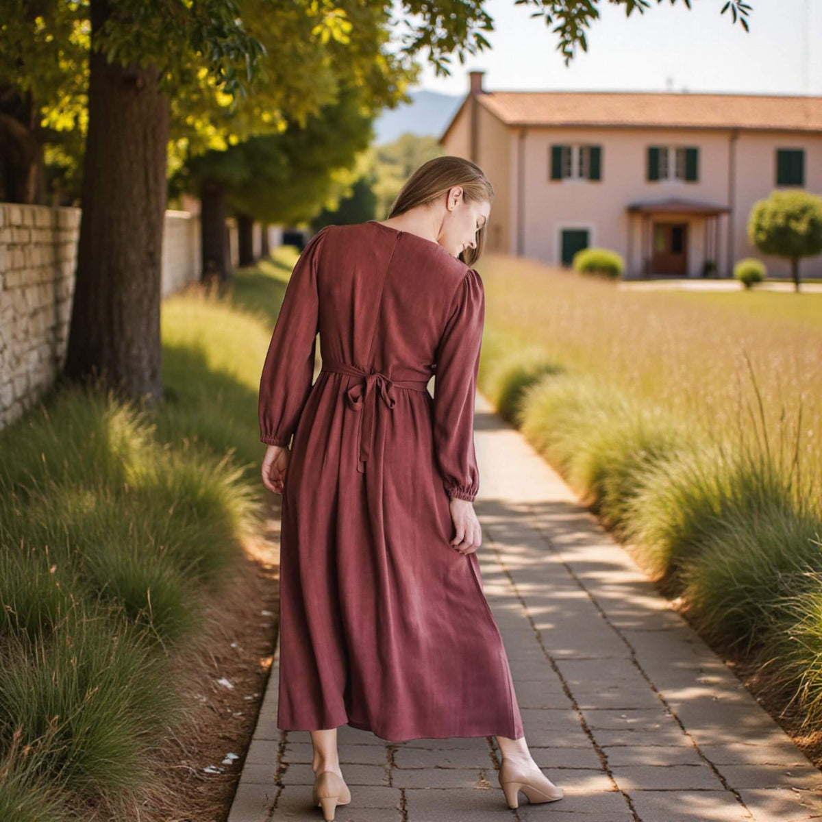 V Neck Linen Midi Dress, Long Sleeve Midi Dress