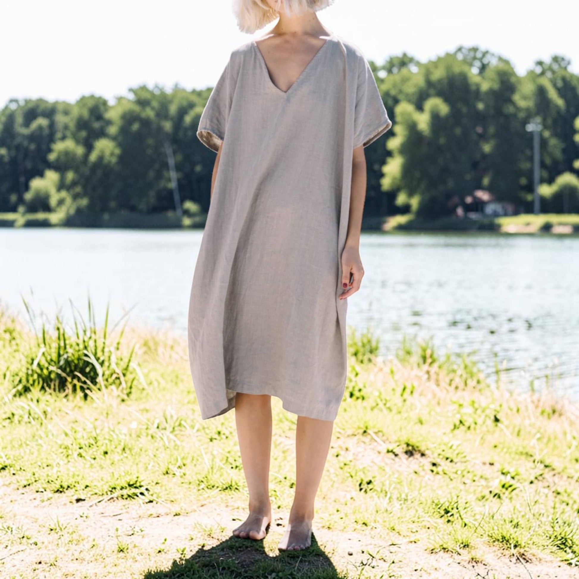 V Neck Linen Midi Dress, Relaxed Wide Sleeve