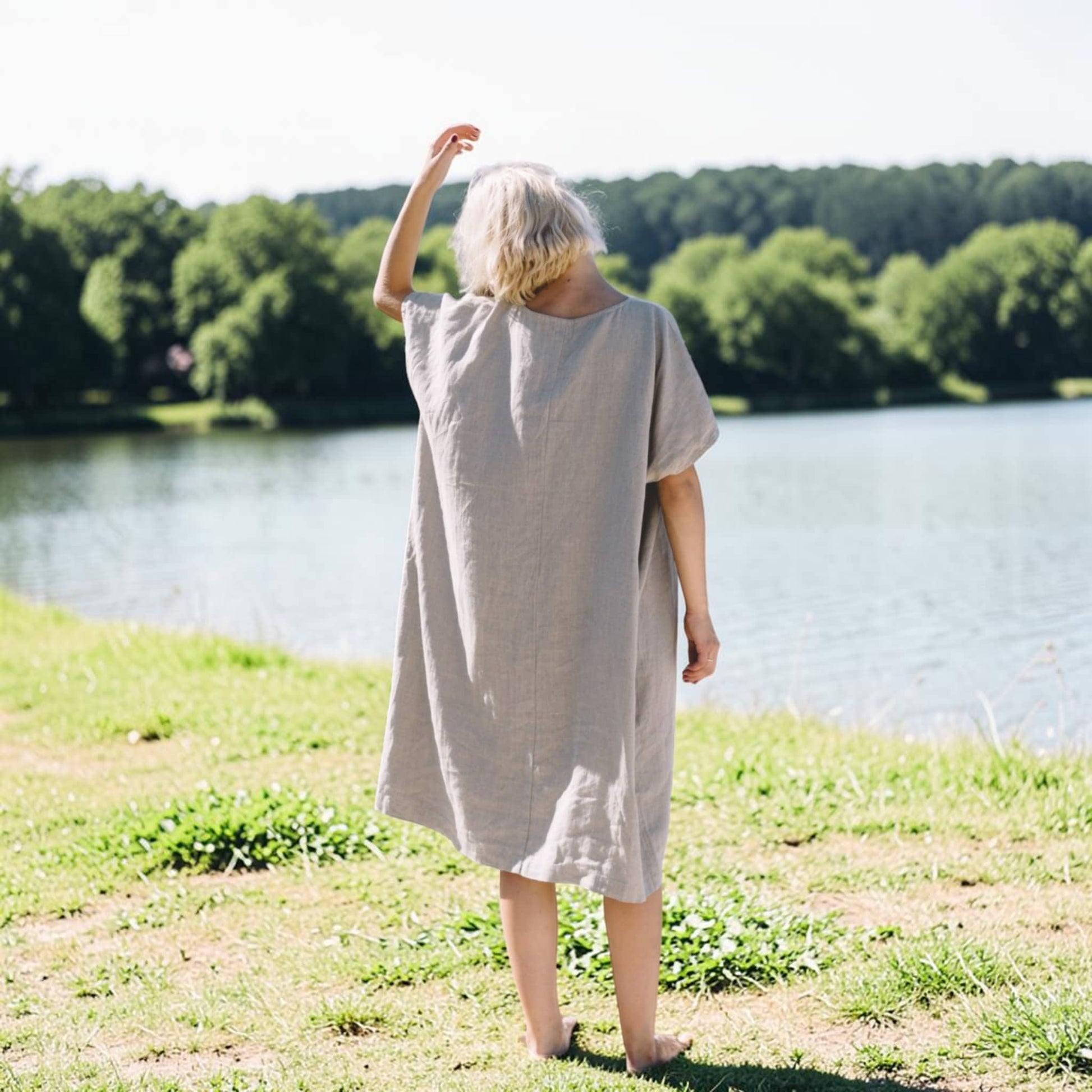 V Neck Linen Midi Dress, Relaxed Wide Sleeve