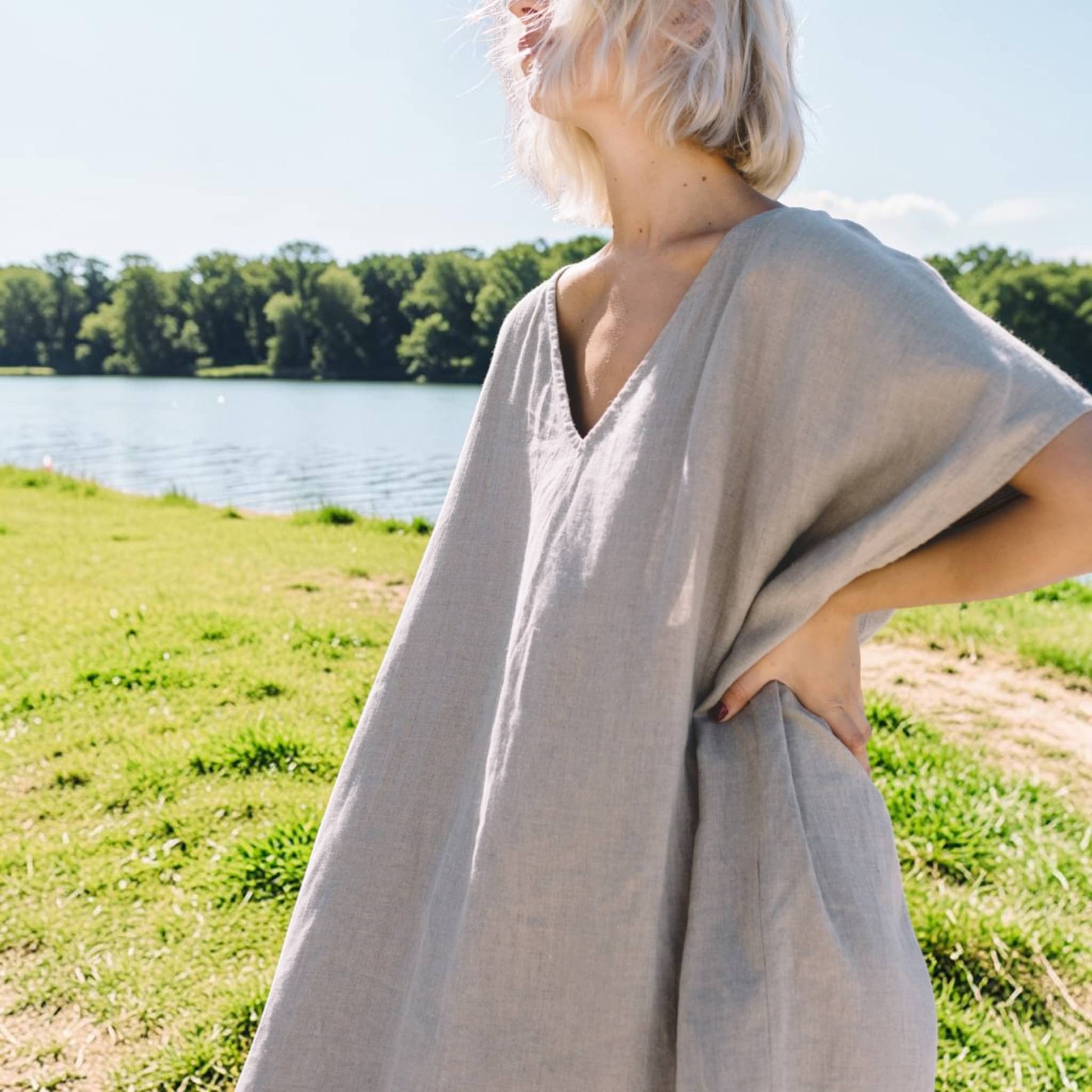 V Neck Linen Midi Dress, Relaxed Wide Sleeve