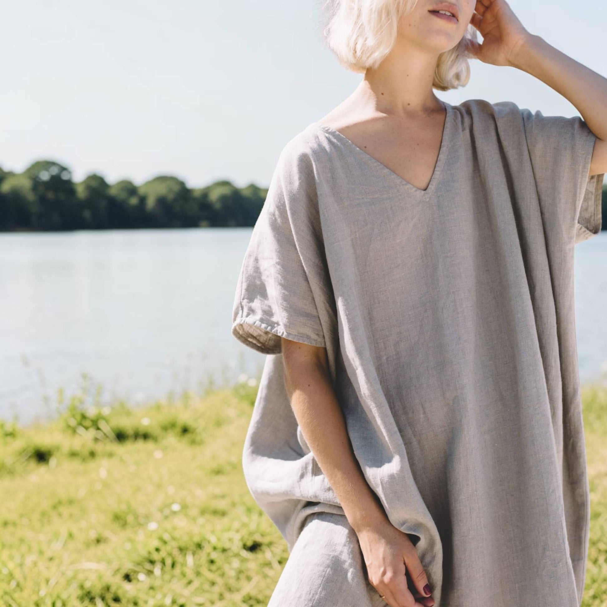 V Neck Linen Midi Dress, Relaxed Wide Sleeve