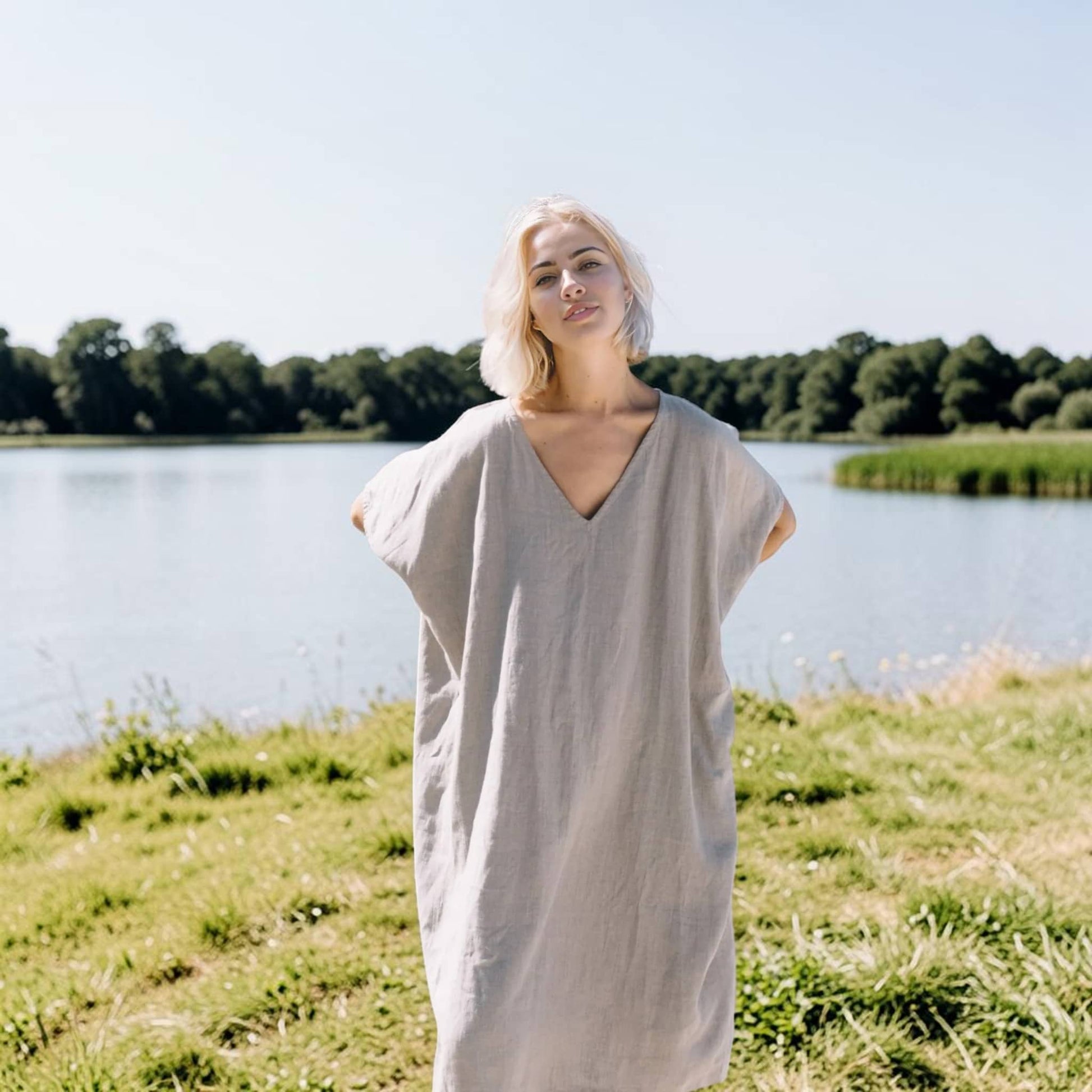 V Neck Linen Midi Dress, Relaxed Wide Sleeve