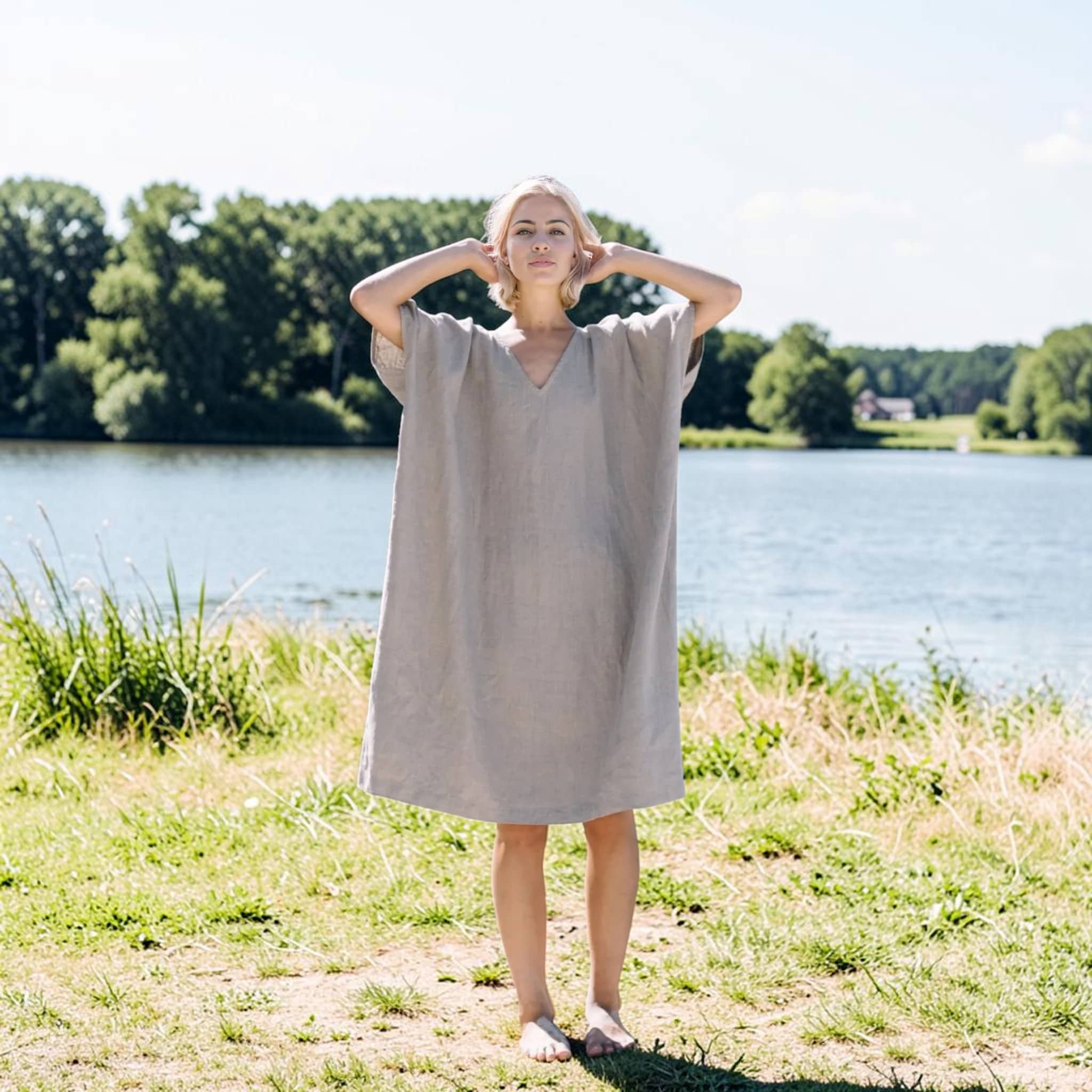 V Neck Linen Midi Dress, Relaxed Wide Sleeve