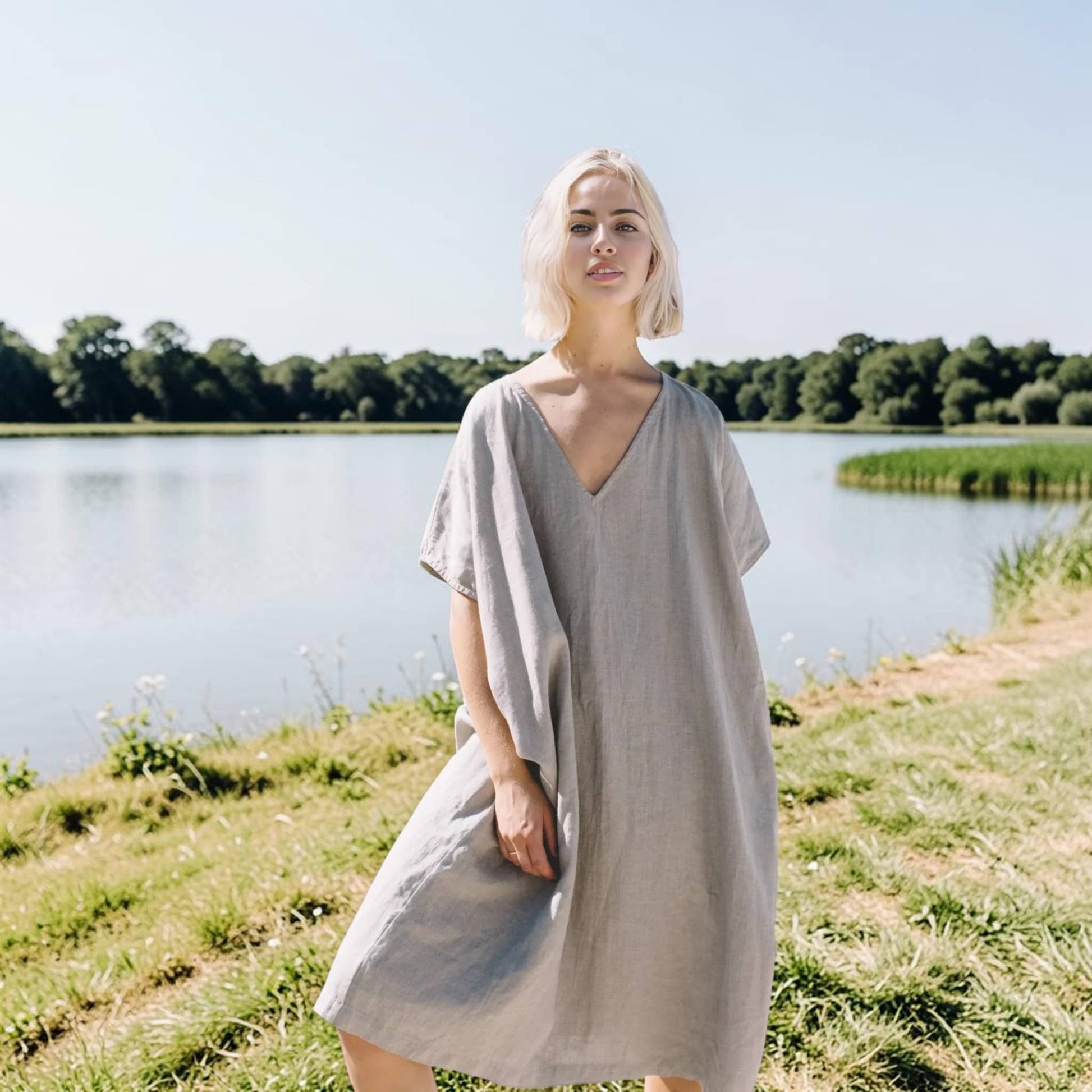 V Neck Linen Midi Dress, Relaxed Wide Sleeve