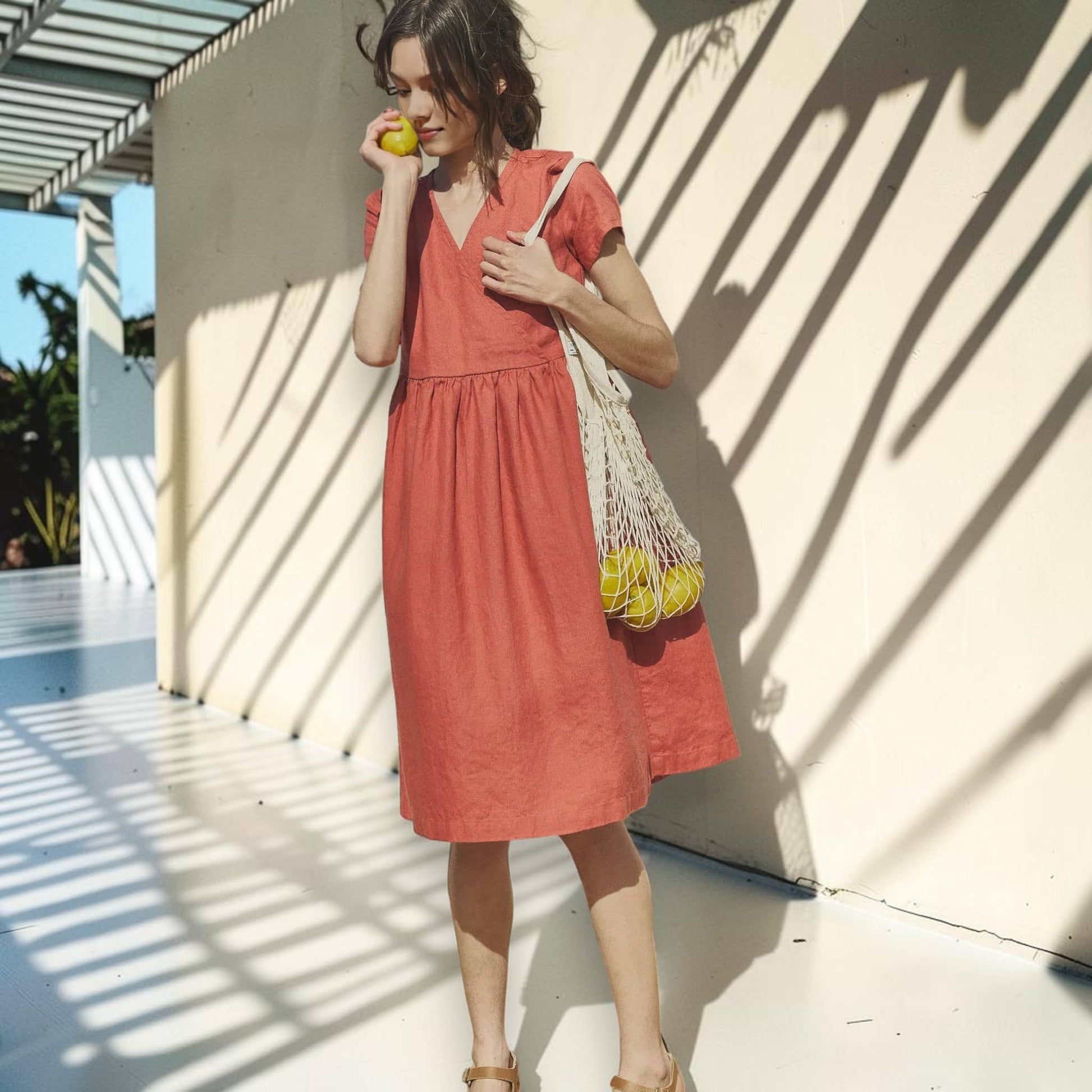 V Neck Linen Midi Dress, Short Sleeve A Line