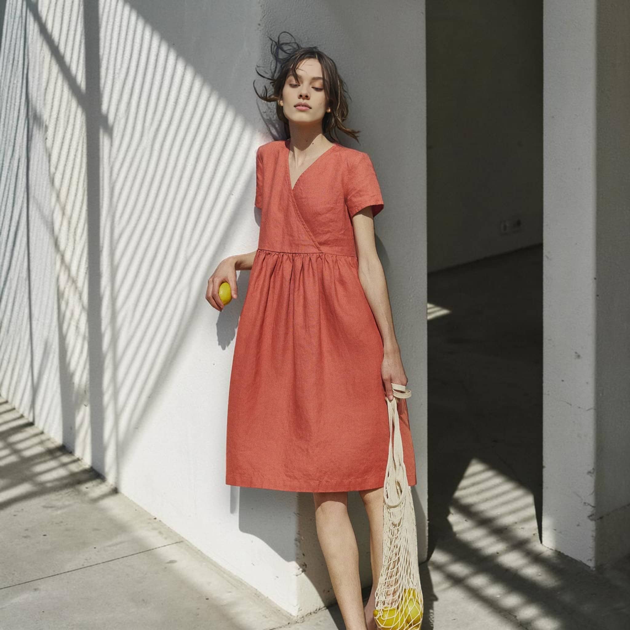 V Neck Linen Midi Dress, Short Sleeve A Line