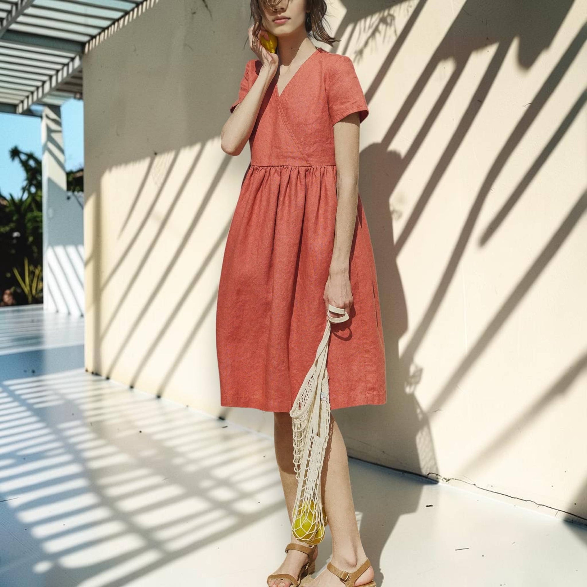 V Neck Linen Midi Dress, Short Sleeve A Line