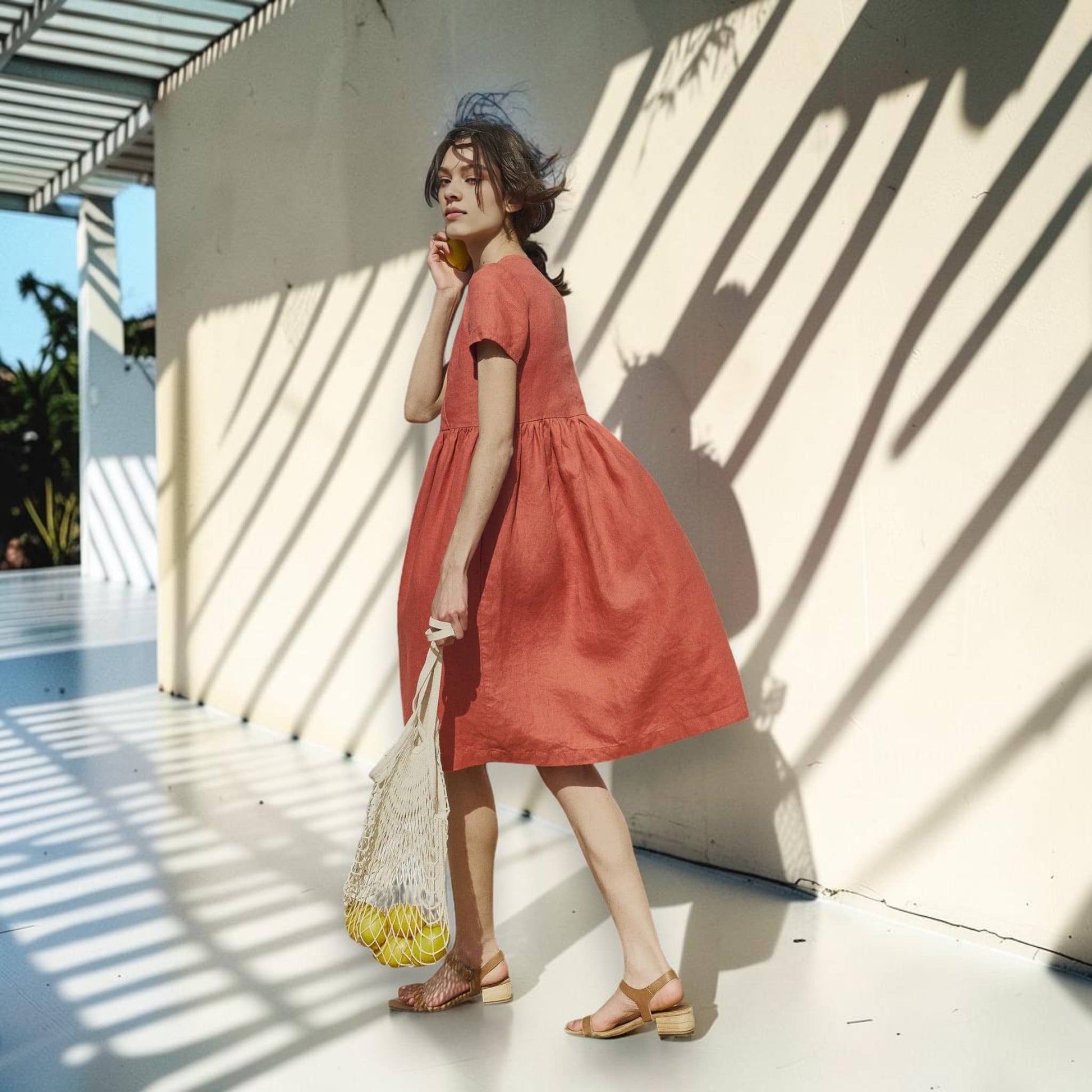 V Neck Linen Midi Dress, Short Sleeve A Line