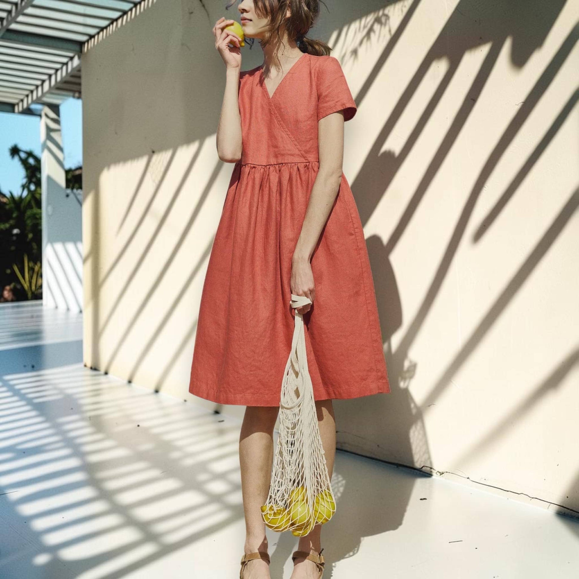 V Neck Linen Midi Dress, Short Sleeve A Line