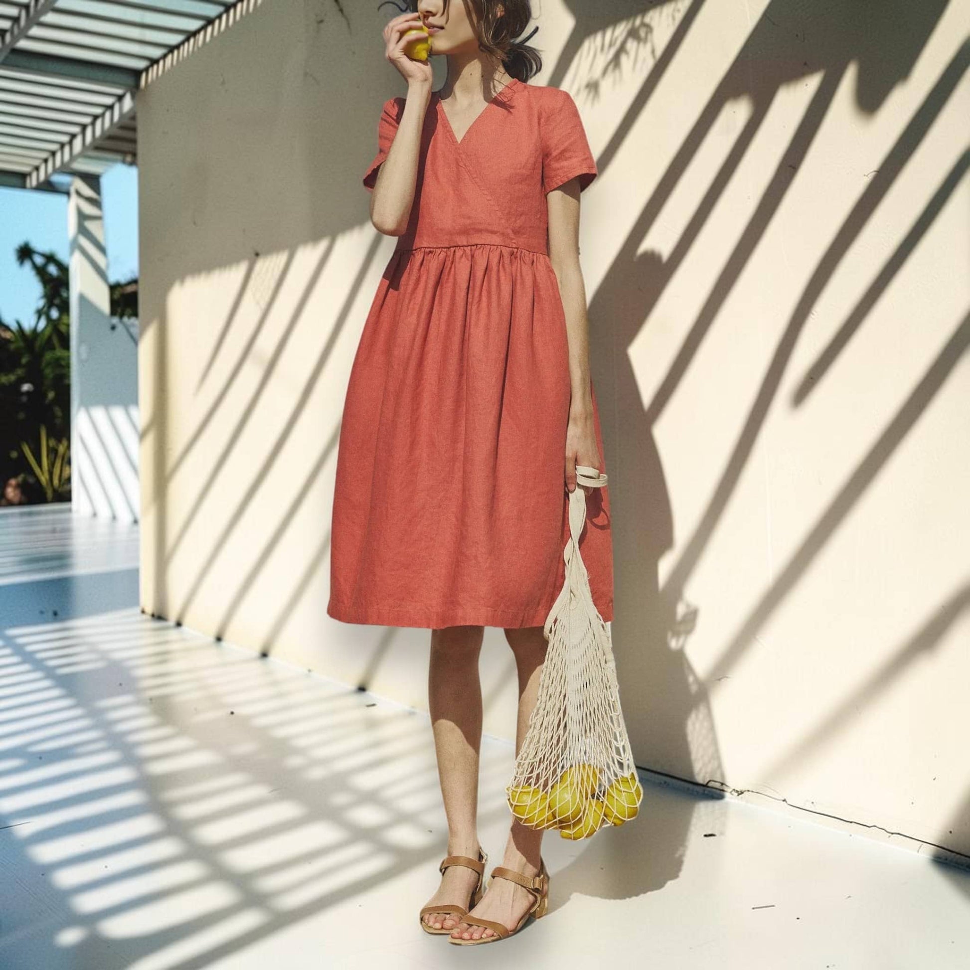 V Neck Linen Midi Dress, Short Sleeve A Line