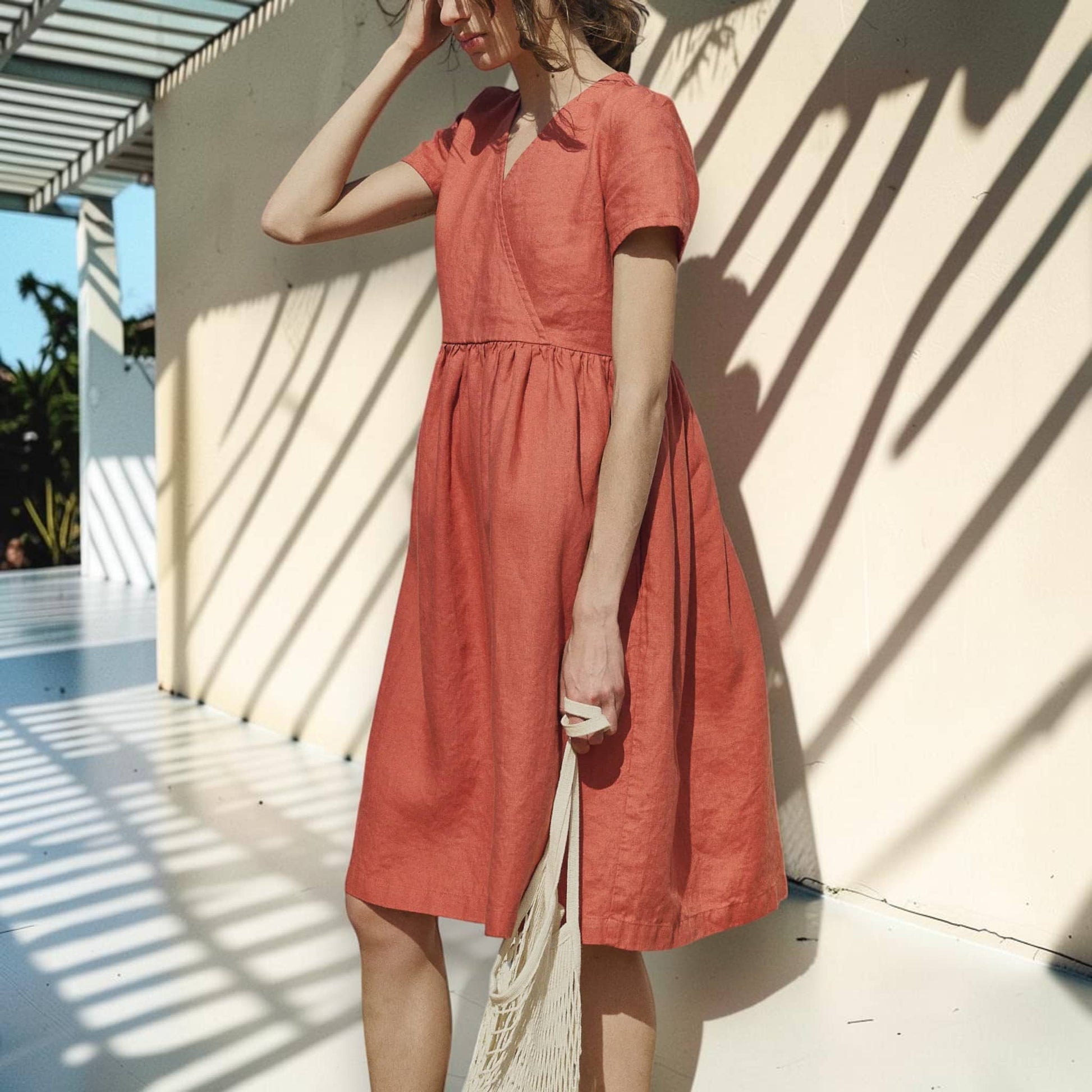 V Neck Linen Midi Dress, Short Sleeve A Line