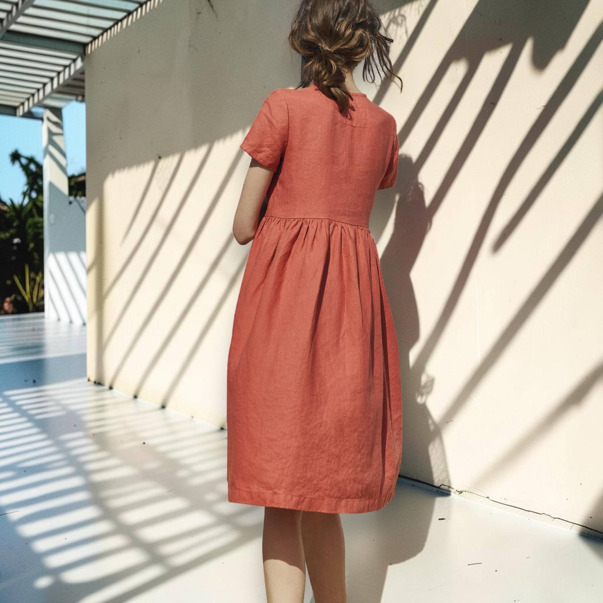 V Neck Linen Midi Dress, Short Sleeve A Line