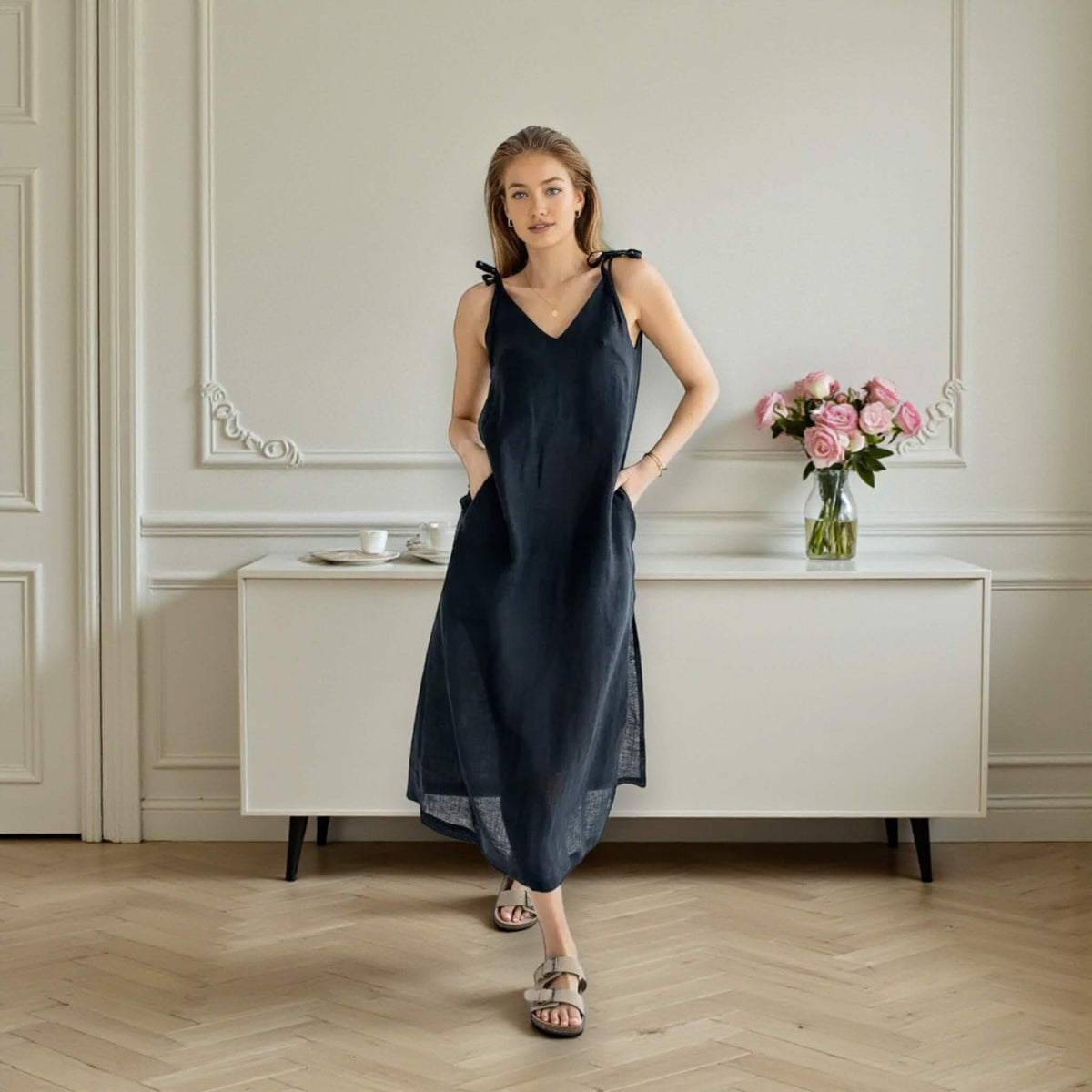 V Neck Linen Midi Dress, Side Slit Linen Dress