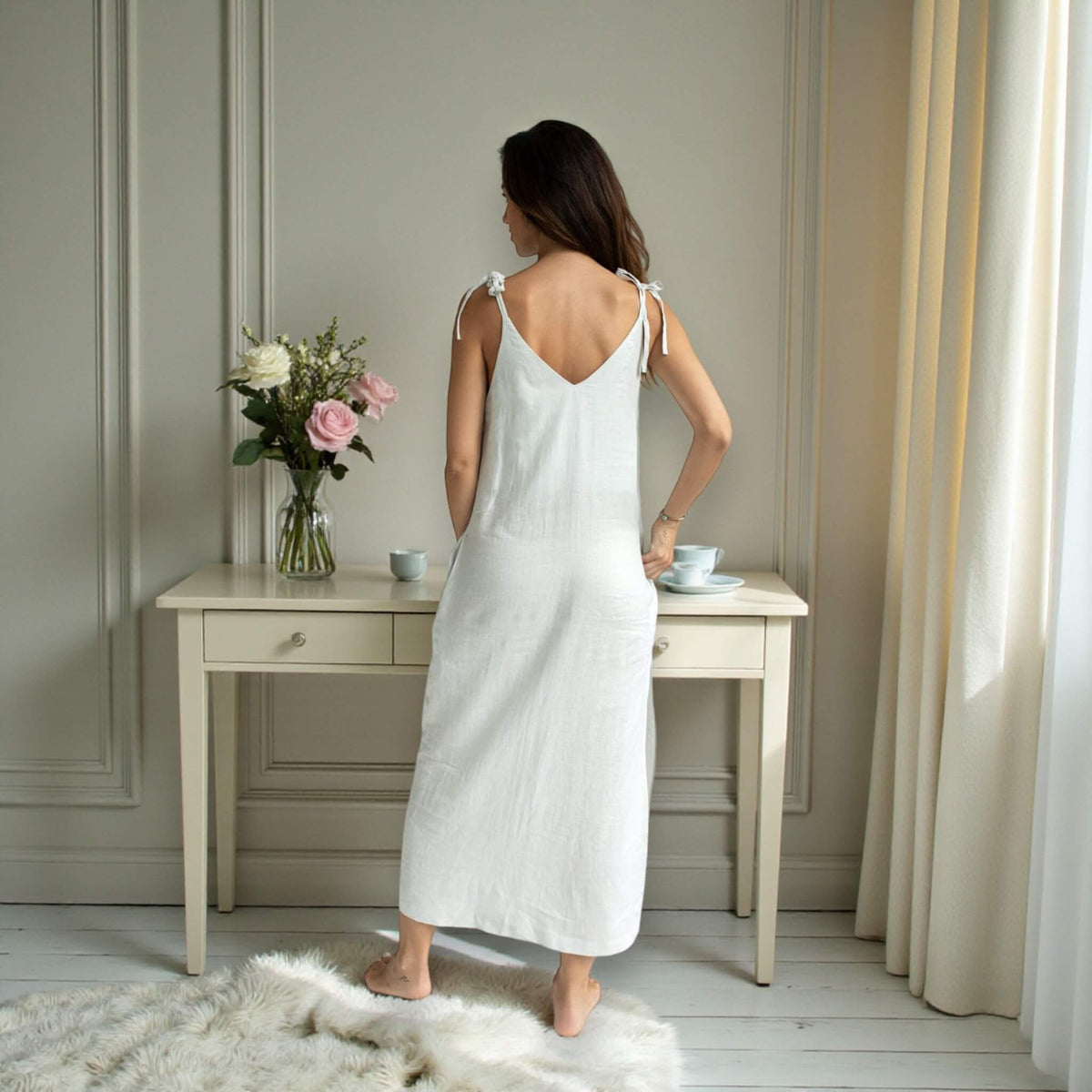 V Neck Linen Midi Dress, Side Slit Linen Dress
