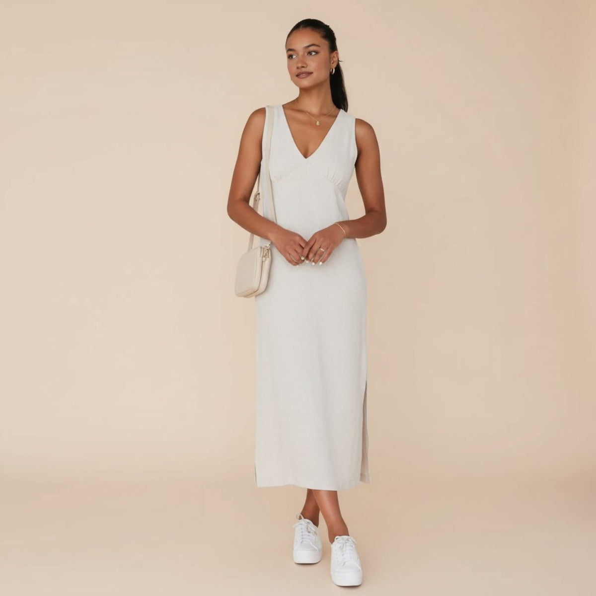 V Neck Linen Midi Dress, Sleeveless Midi Dress With Side Slits