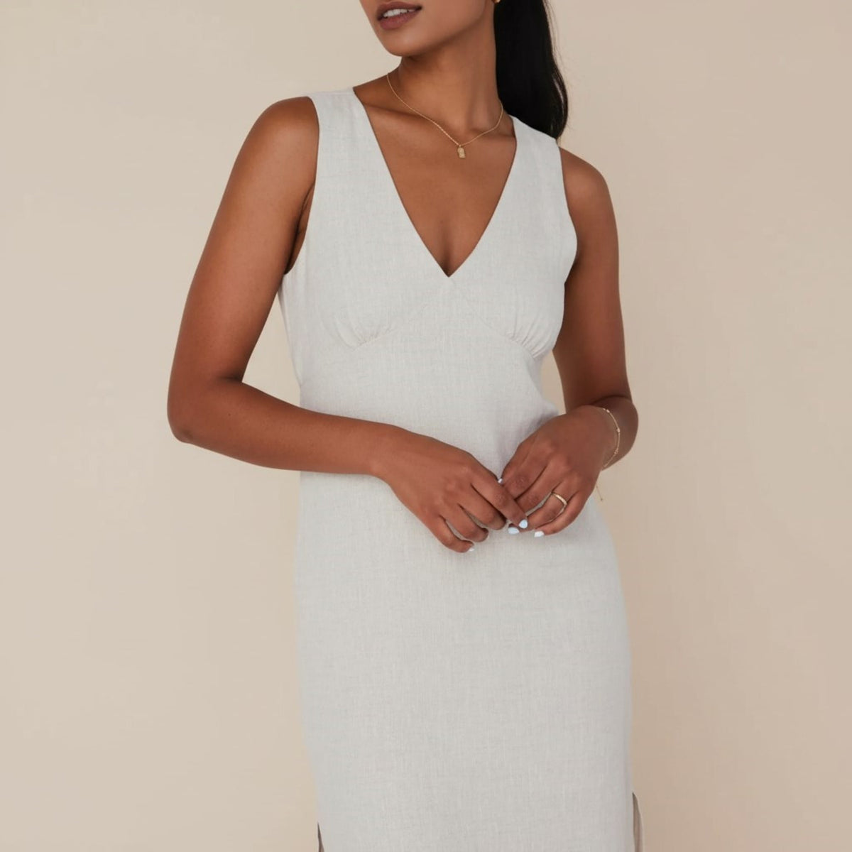 V Neck Linen Midi Dress, Sleeveless Midi Dress With Side Slits