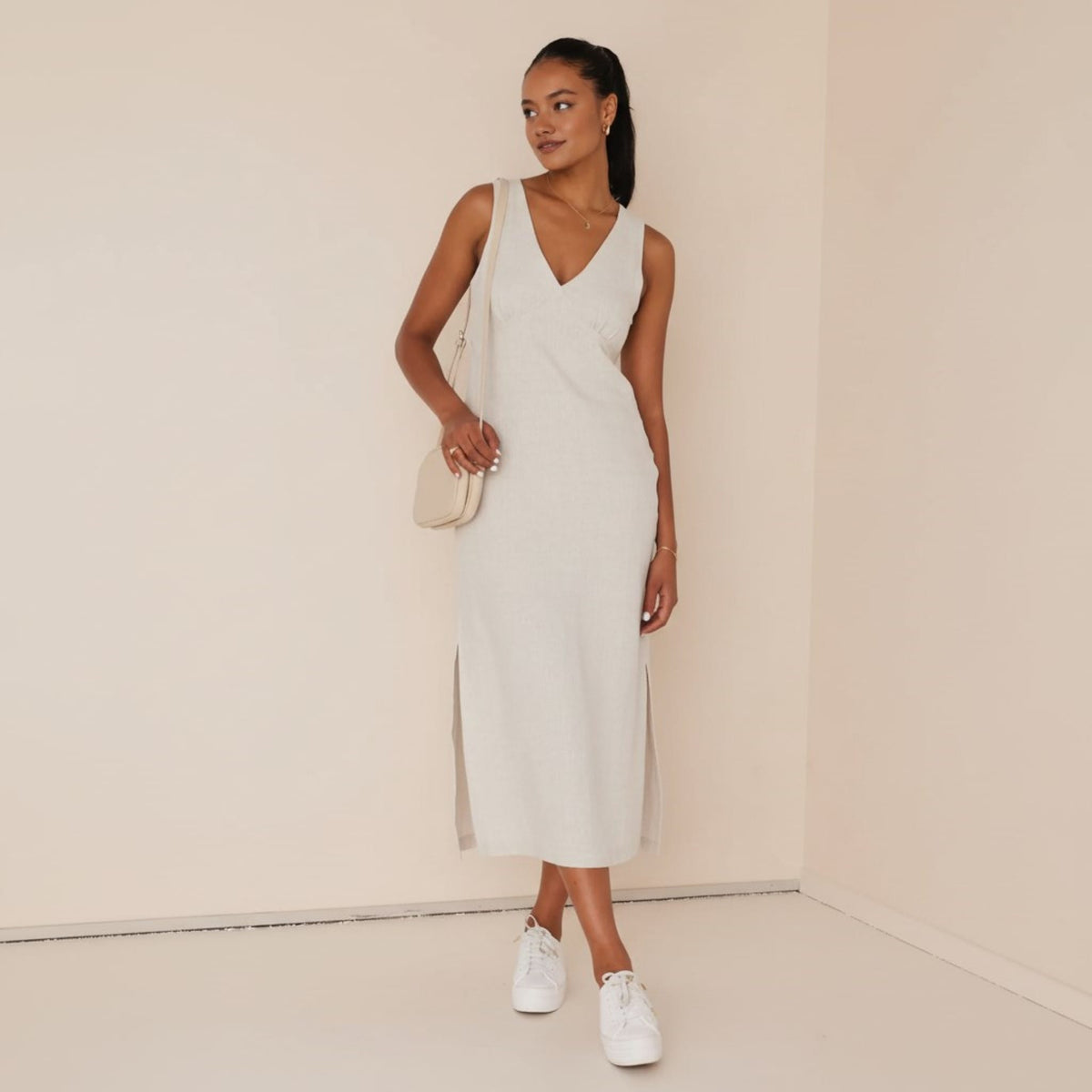 V Neck Linen Midi Dress, Sleeveless Midi Dress With Side Slits