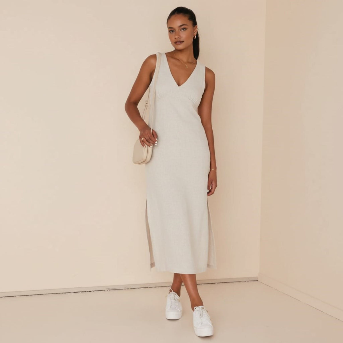 V Neck Linen Midi Dress, Sleeveless Midi Dress With Side Slits