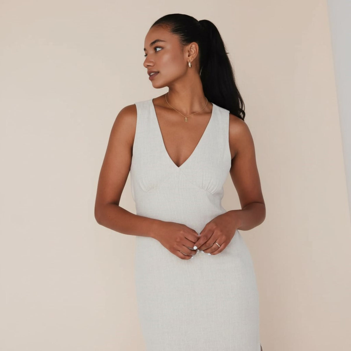 V Neck Linen Midi Dress, Sleeveless Midi Dress With Side Slits