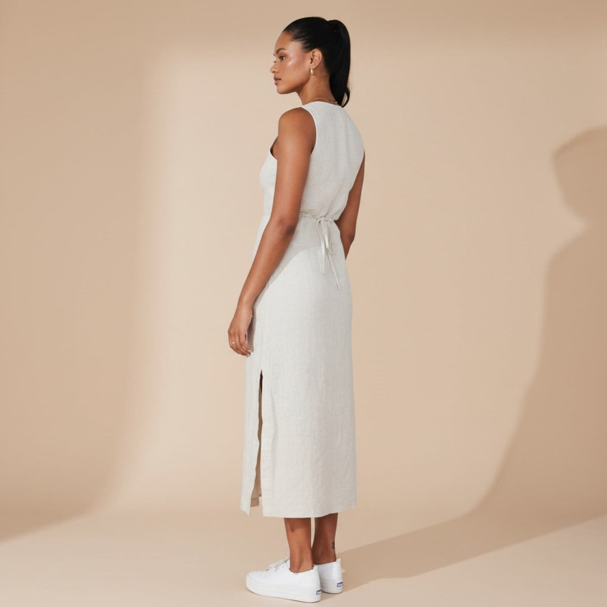 V Neck Linen Midi Dress, Sleeveless Midi Dress With Side Slits