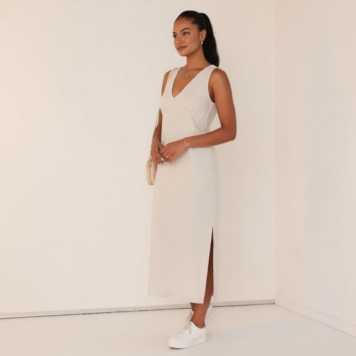 V Neck Linen Midi Dress, Sleeveless Midi Dress With Side Slits