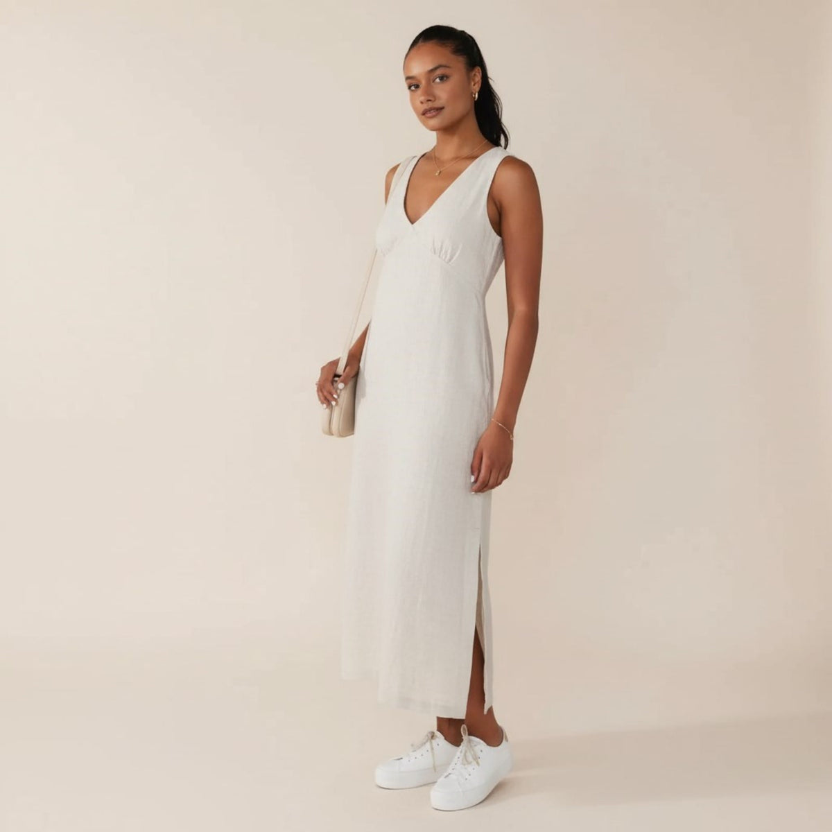 V Neck Linen Midi Dress, Sleeveless Midi Dress With Side Slits