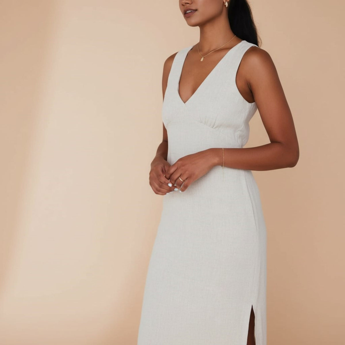 V Neck Linen Midi Dress, Sleeveless Midi Dress With Side Slits
